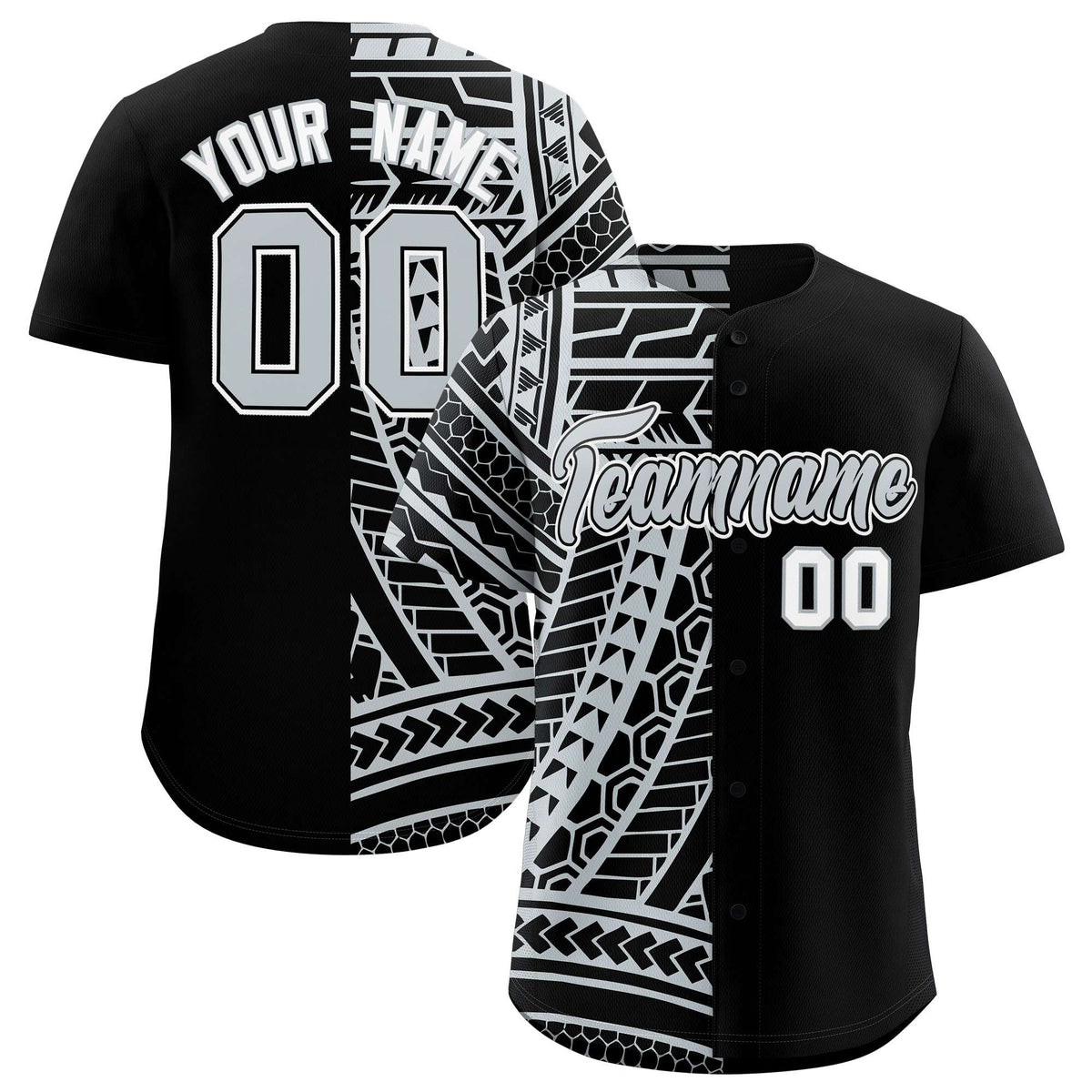 Custom Black Silver Split Fashion Tribal Pattern Authentic Baseball Jersey