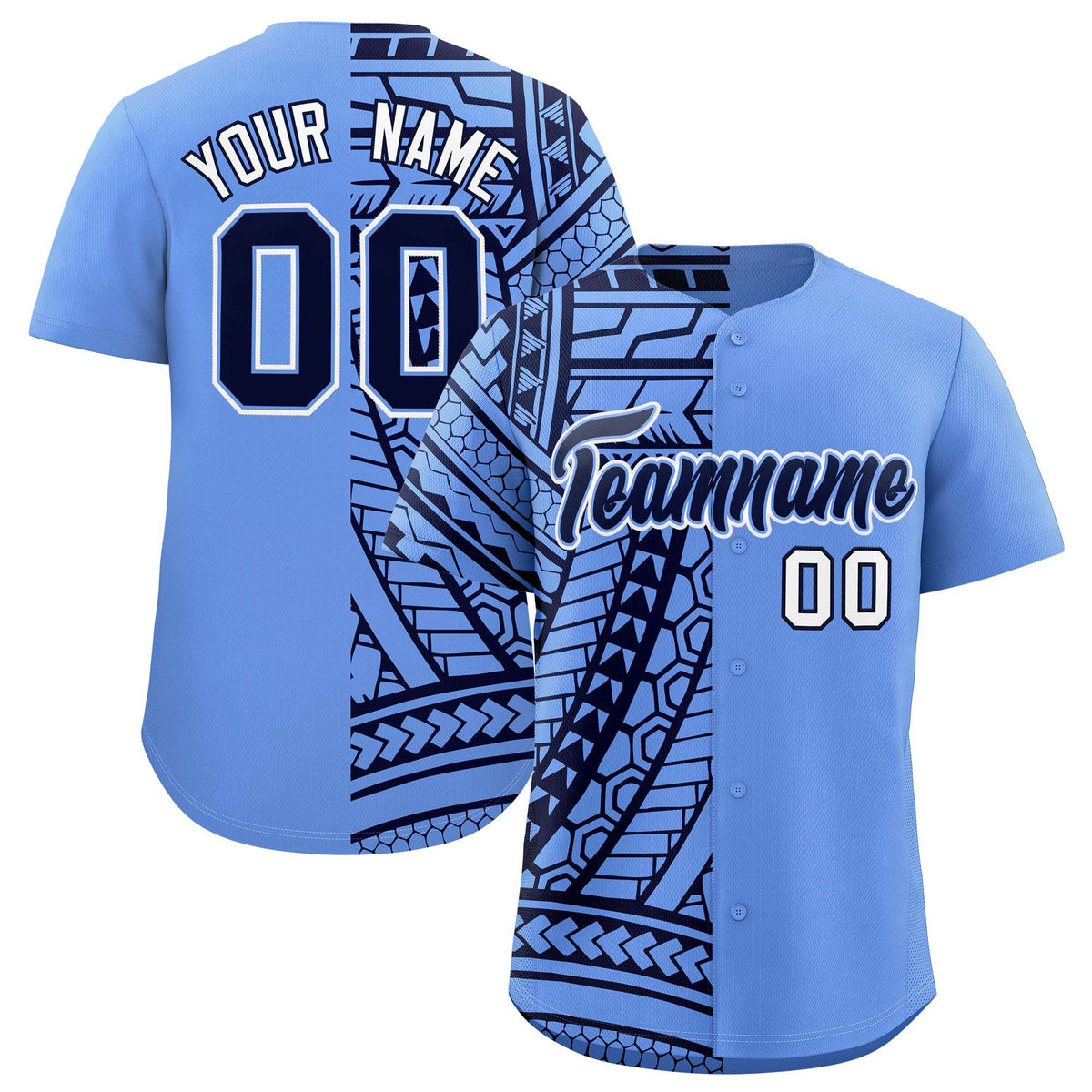 Custom Light Blue Navy Split Fashion Tribal Pattern Authentic Baseball Jersey
