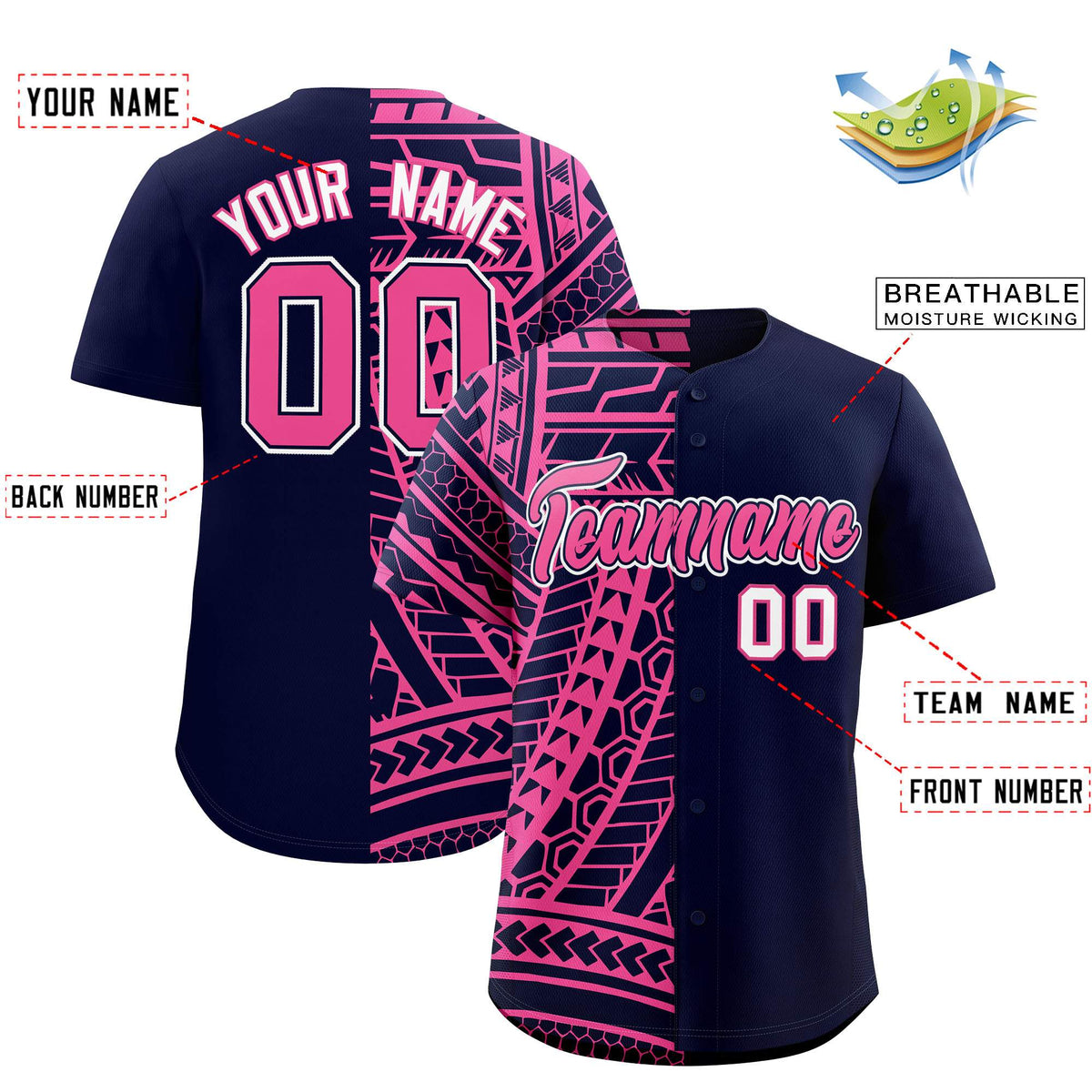 Custom Navy Pink Split Fashion Tribal Pattern Authentic Baseball Jersey