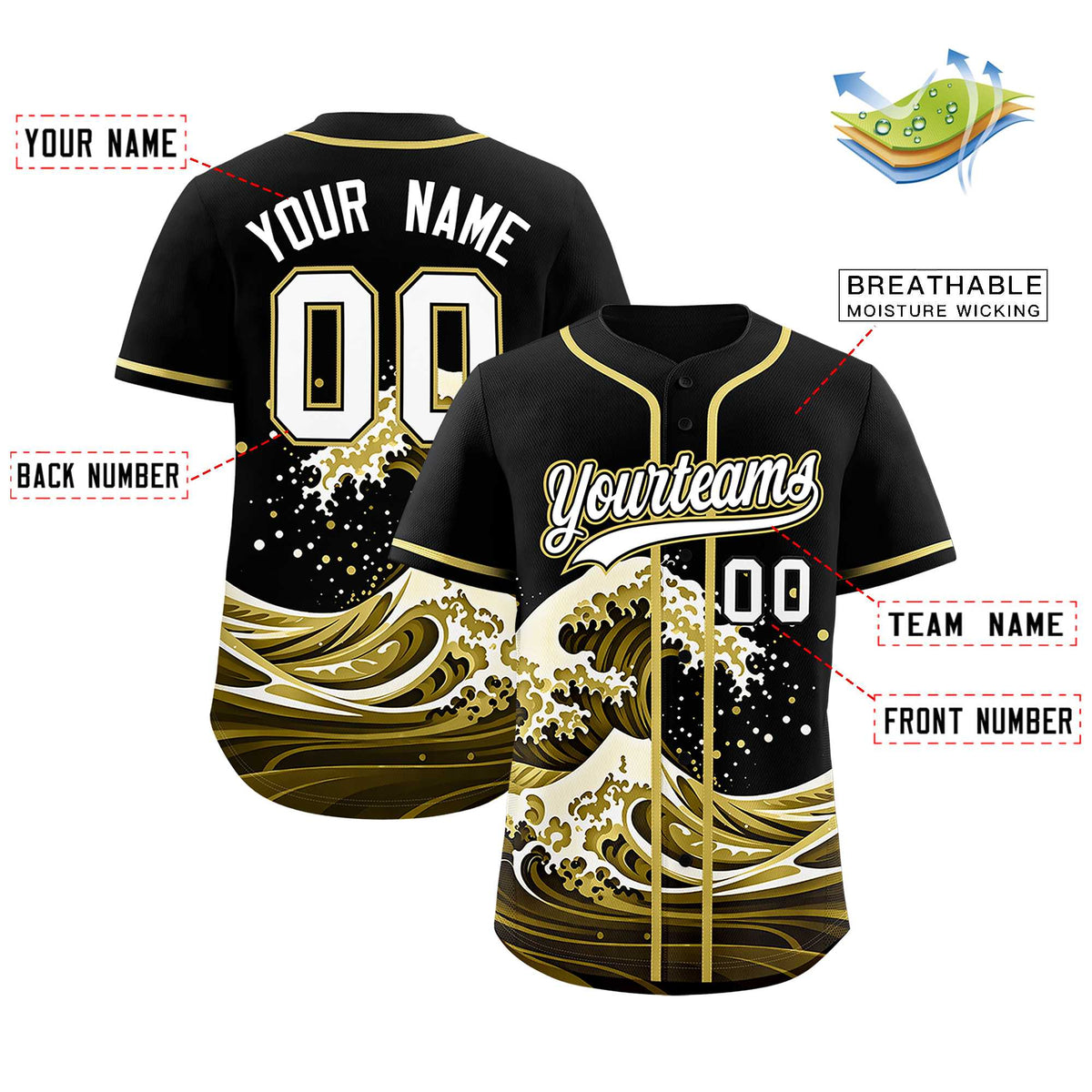 Custom Black Wave Graffiti Pattern Authentic Baseball Jersey| KXKSHOP