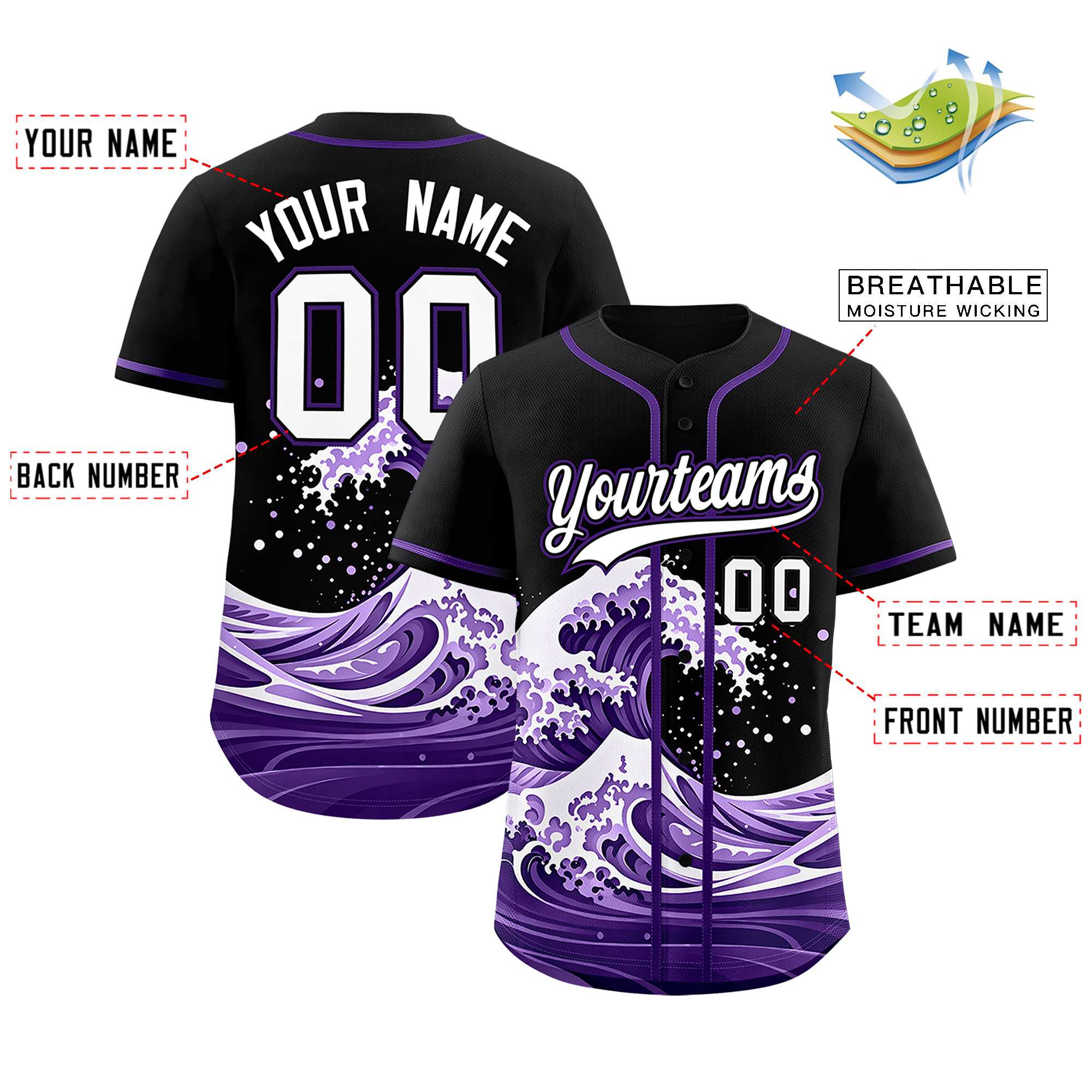 Custom Black Wave Graffiti Pattern Authentic Baseball Jersey | KXKSHOP