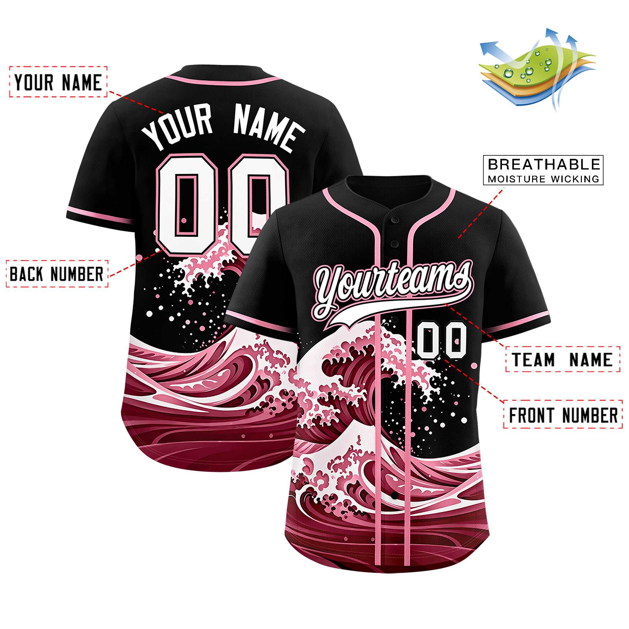Custom Black Wave Graffiti Pattern Authentic Baseball Jersey | KXKSHOP