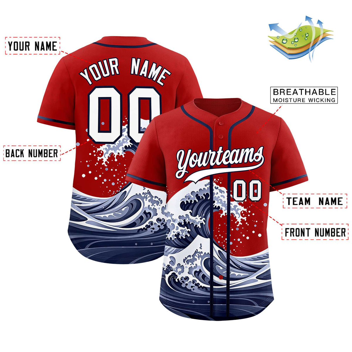 Custom Red Wave Graffiti Pattern Authentic Baseball Jersey| KXKSHOP