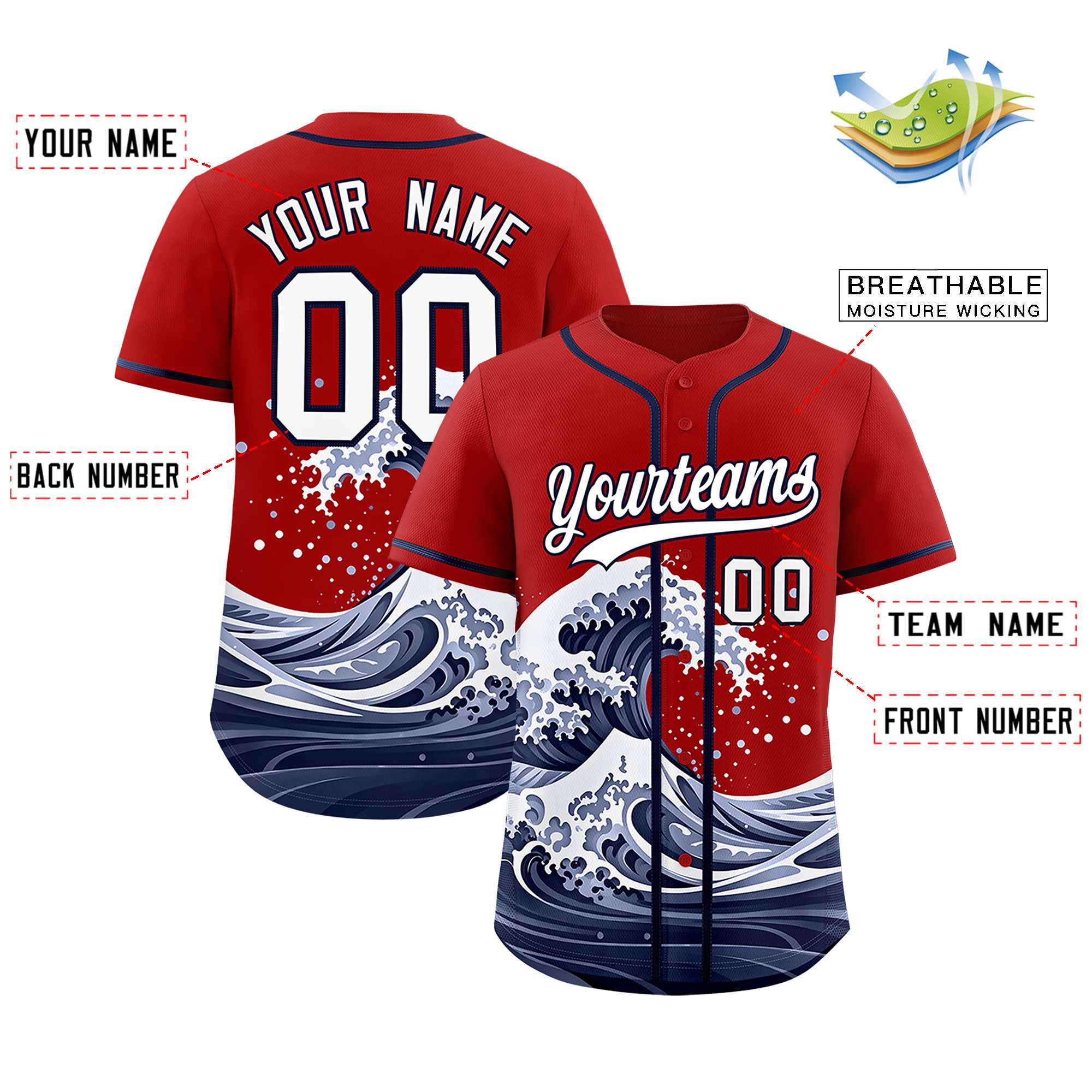 Custom Red Wave Graffiti Pattern Authentic Baseball Jersey | KXKSHOP