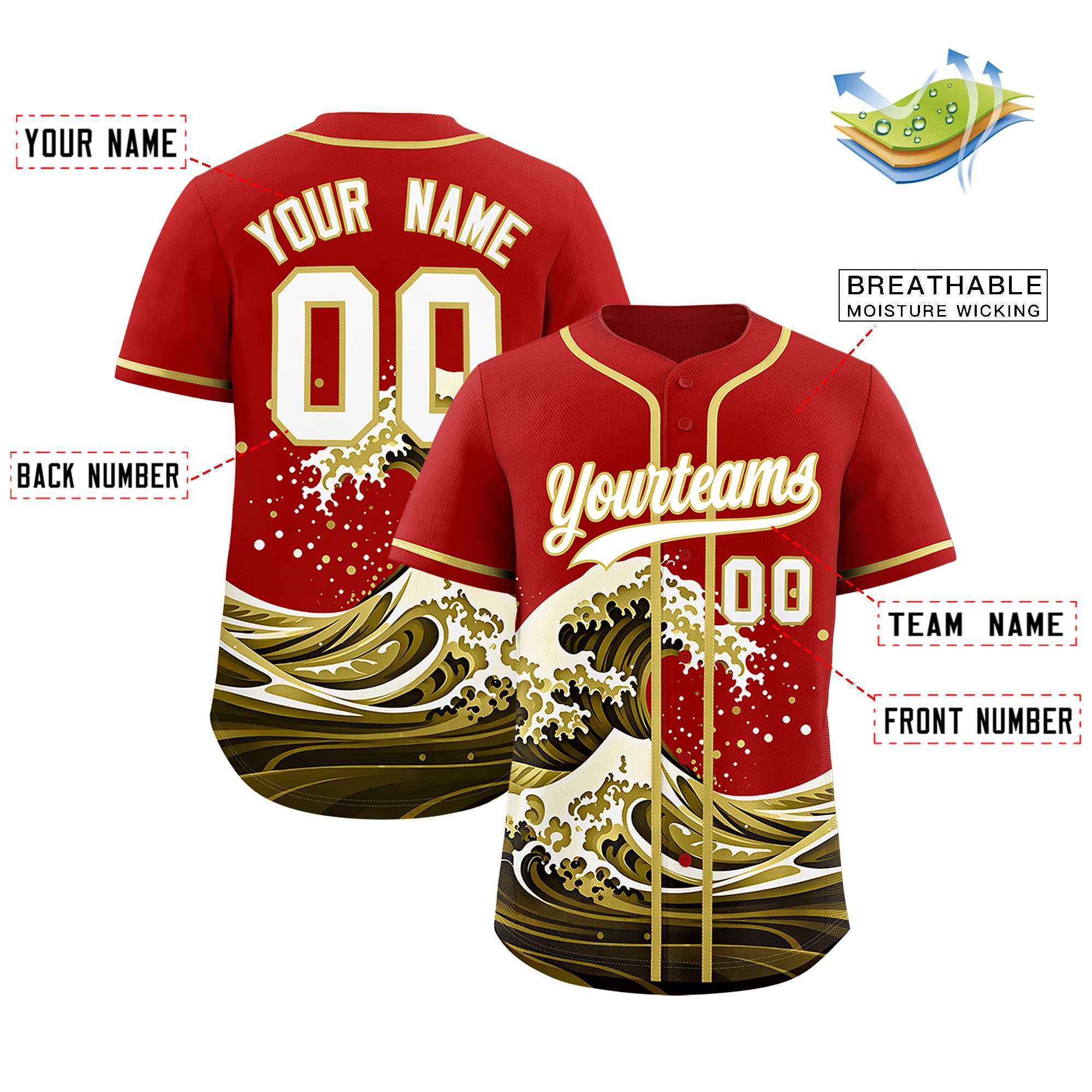 Custom Red Wave Graffiti Pattern Authentic Baseball Jersey | KXKSHOP