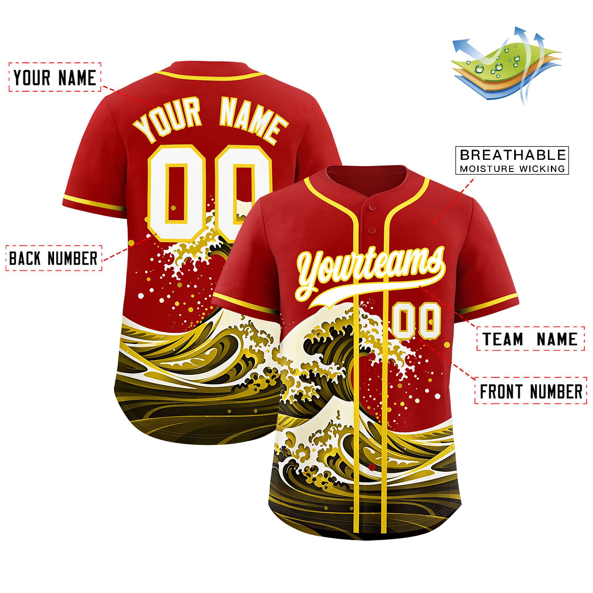 Custom Red Wave Graffiti Pattern Authentic Baseball Jersey | KXKSHOP
