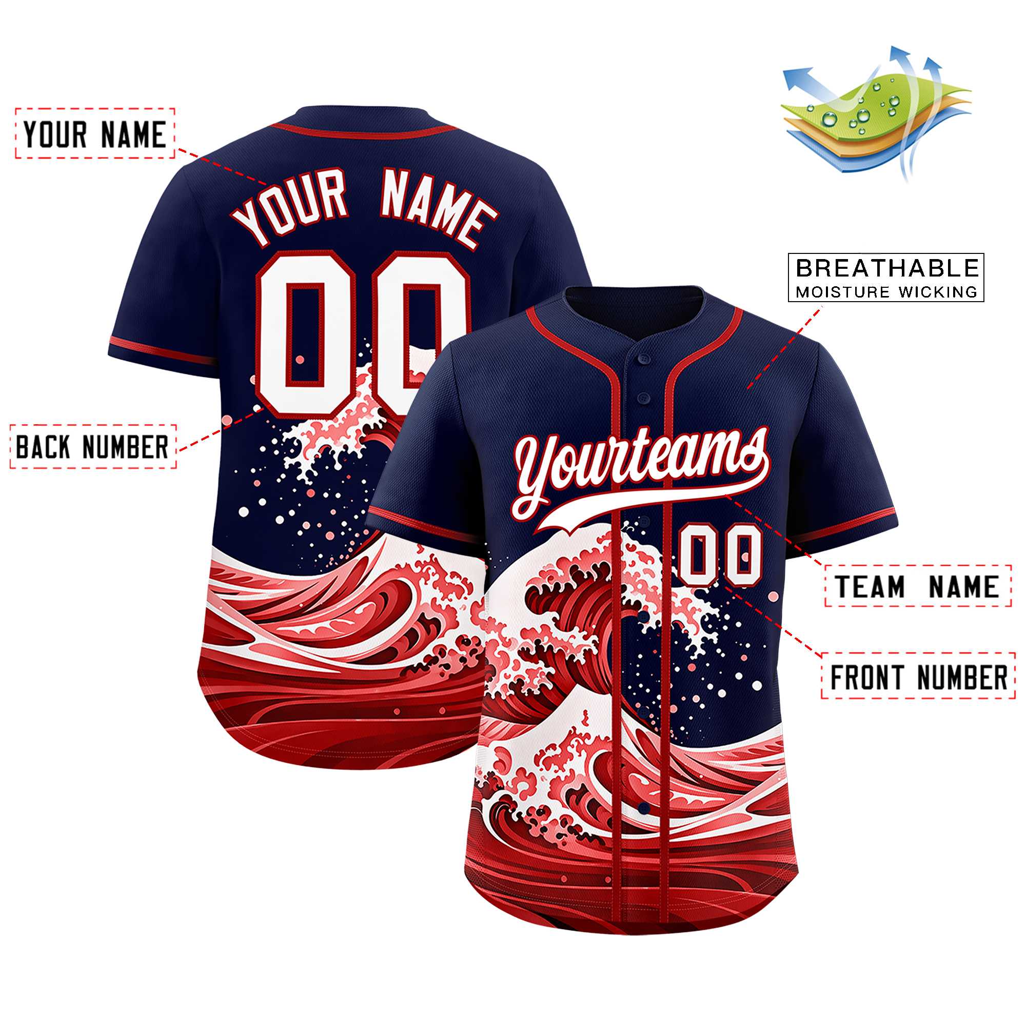 Custom Navy Wave Graffiti Pattern Authentic Baseball Jersey| KXKSHOP