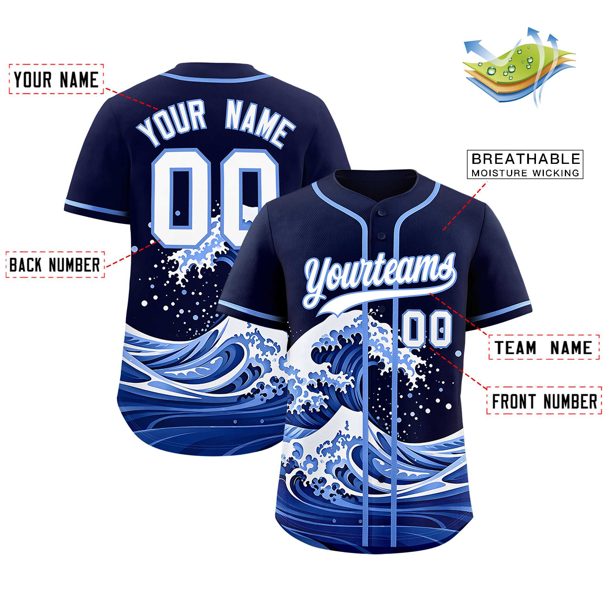Custom Navy Wave Graffiti Pattern Authentic Baseball Jersey | KXKSHOP