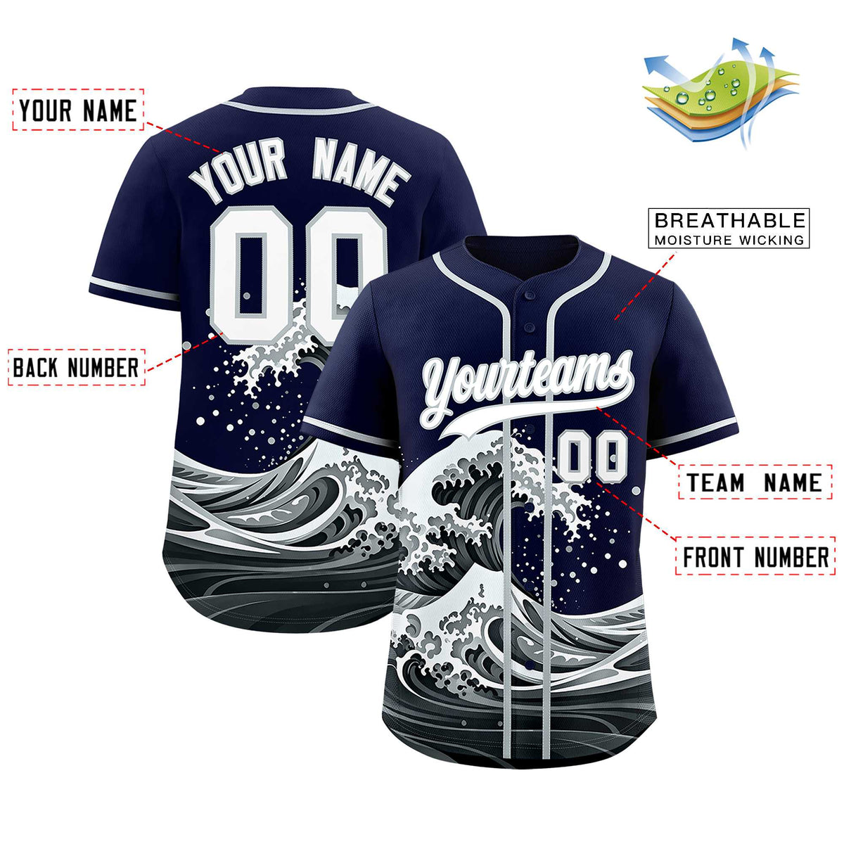 Custom Navy Wave Graffiti Pattern Authentic Baseball Jersey| KXKSHOP