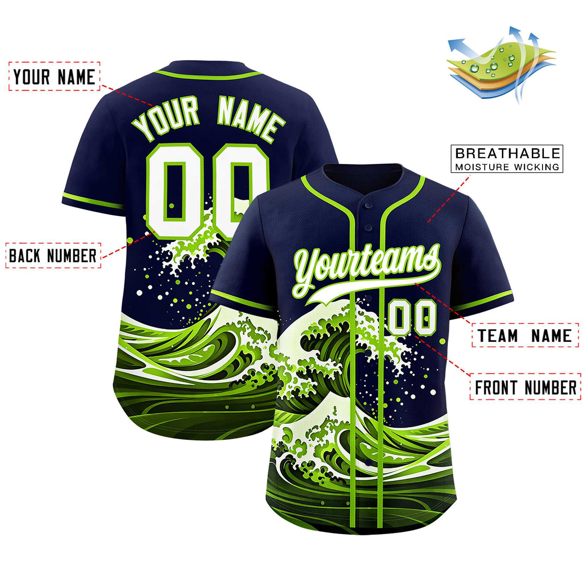 Custom Navy Wave Graffiti Pattern Authentic Baseball Jersey| KXKSHOP