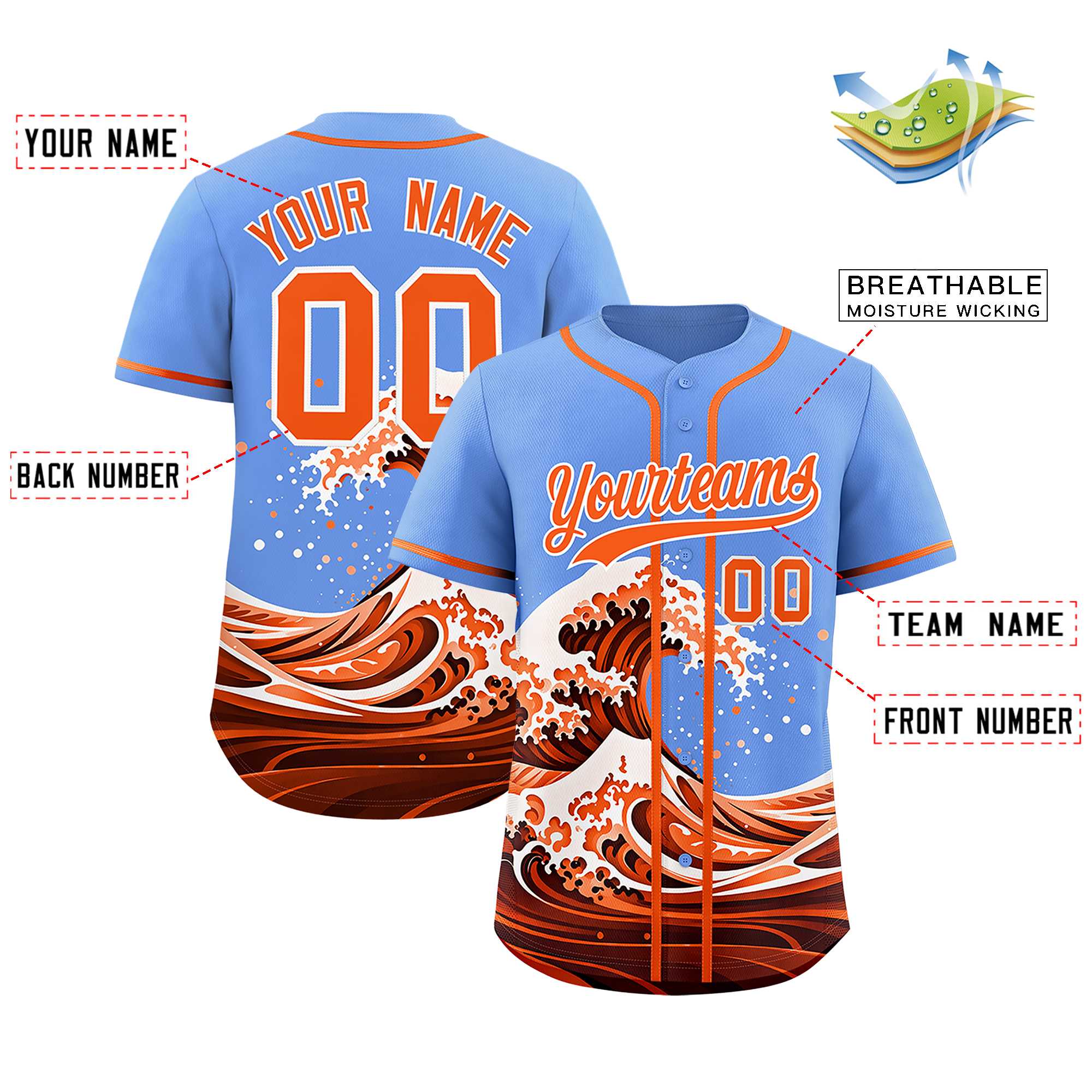 Custom Light Blue Wave Graffiti Pattern Authentic Baseball Jersey| KXKSHOP