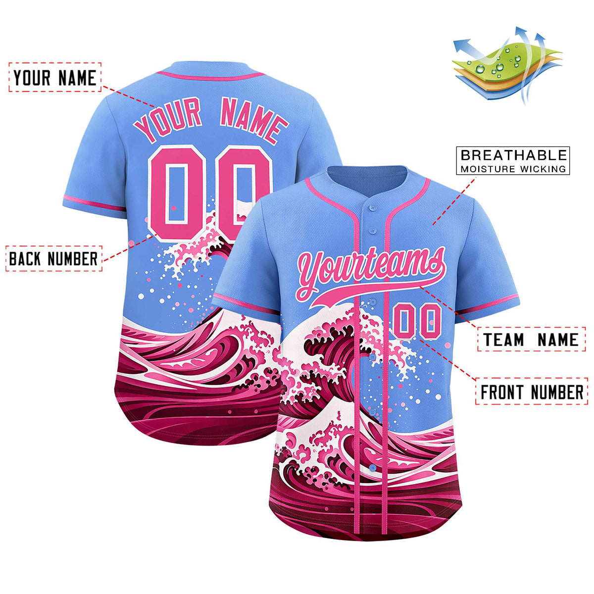 Custom Light Blue Wave Graffiti Pattern Authentic Baseball Jersey| KXKSHOP