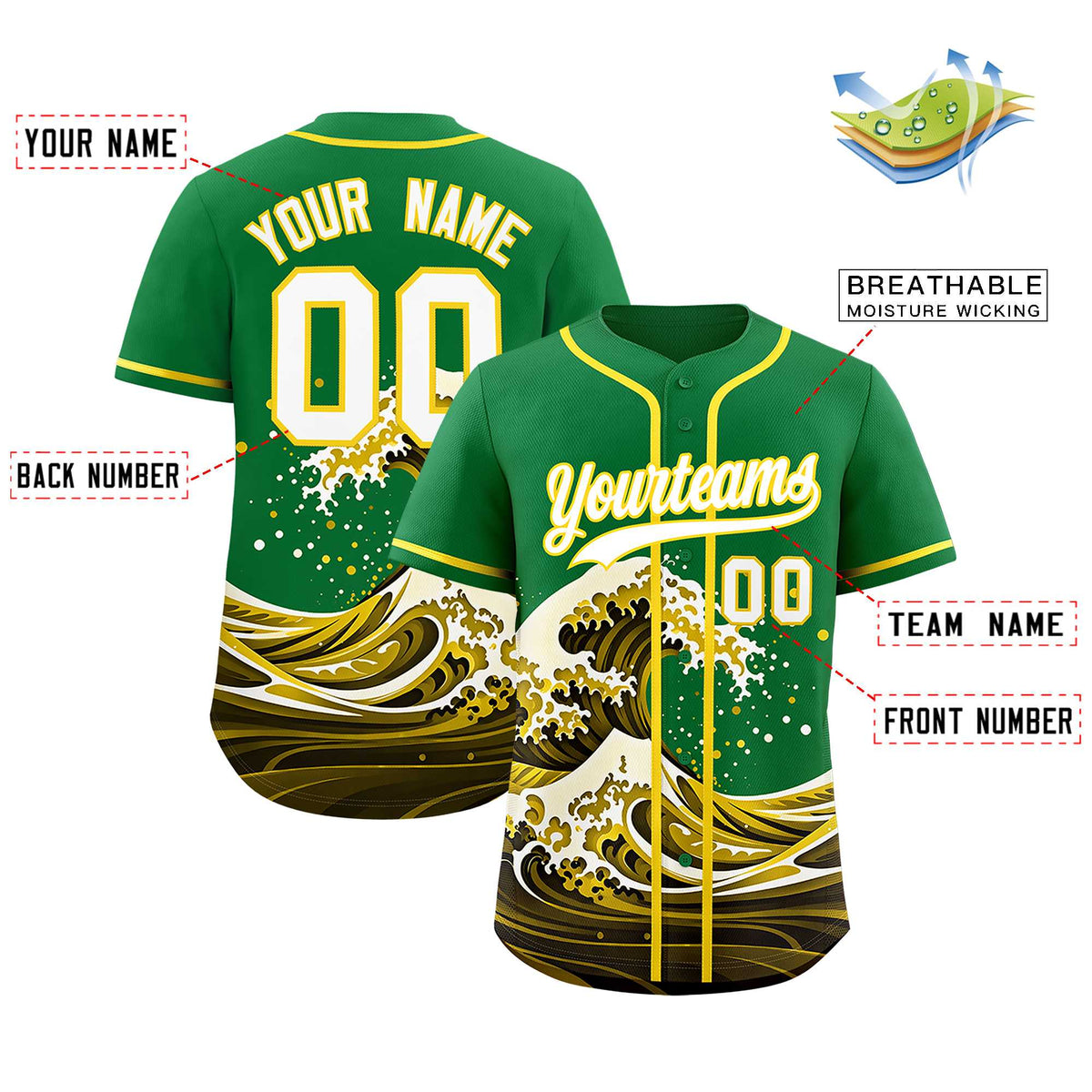 Custom Kelly Green Wave Graffiti Pattern Authentic Baseball Jersey| KXKSHOP