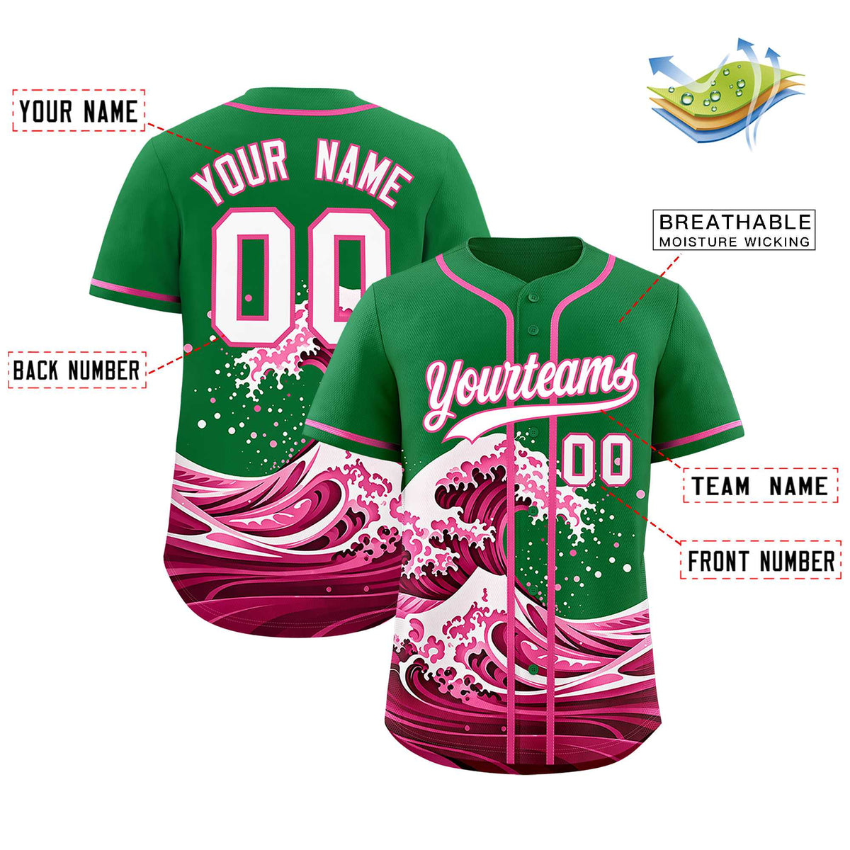 Custom Kelly Green Wave Graffiti Pattern Authentic Baseball Jersey| KXKSHOP