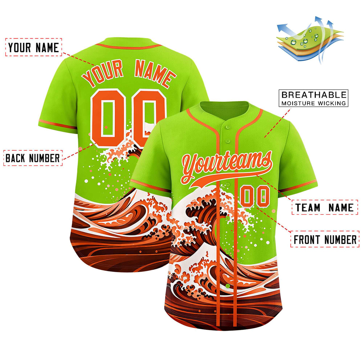 Custom Neon Green Wave Graffiti Pattern Authentic Baseball Jersey| KXKSHOP