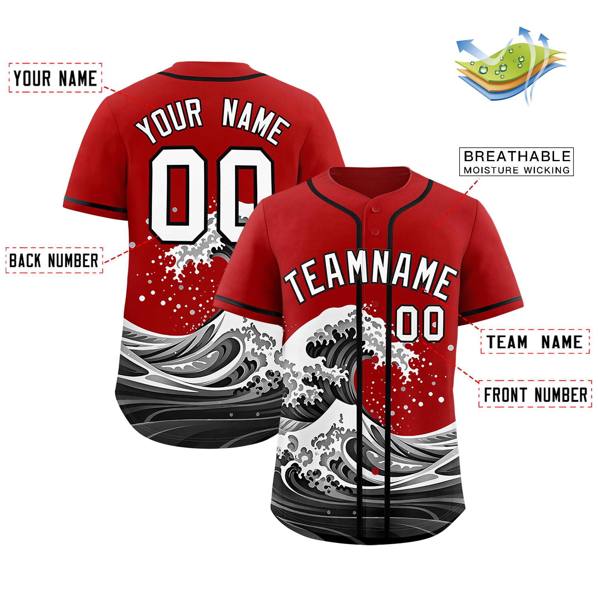 Custom Red Wave Graffiti Pattern Authentic Baseball Jersey | KXKSHOP