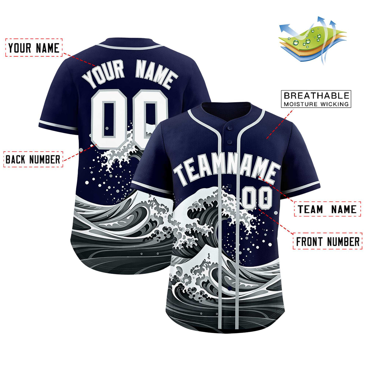 Custom Navy Wave Graffiti Pattern Authentic Baseball Jersey| KXKSHOP