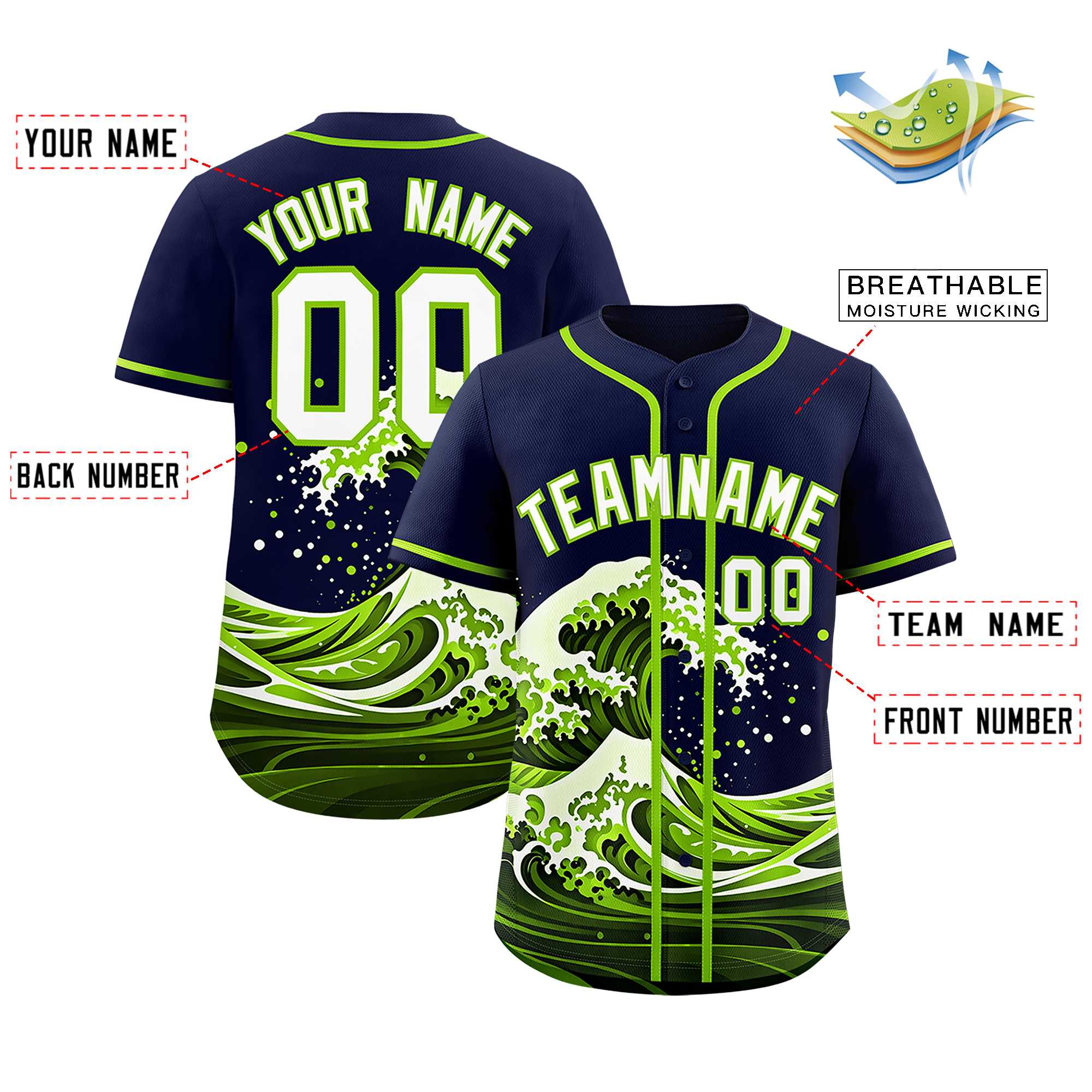 Custom Navy Wave Graffiti Pattern Authentic Baseball Jersey| KXKSHOP