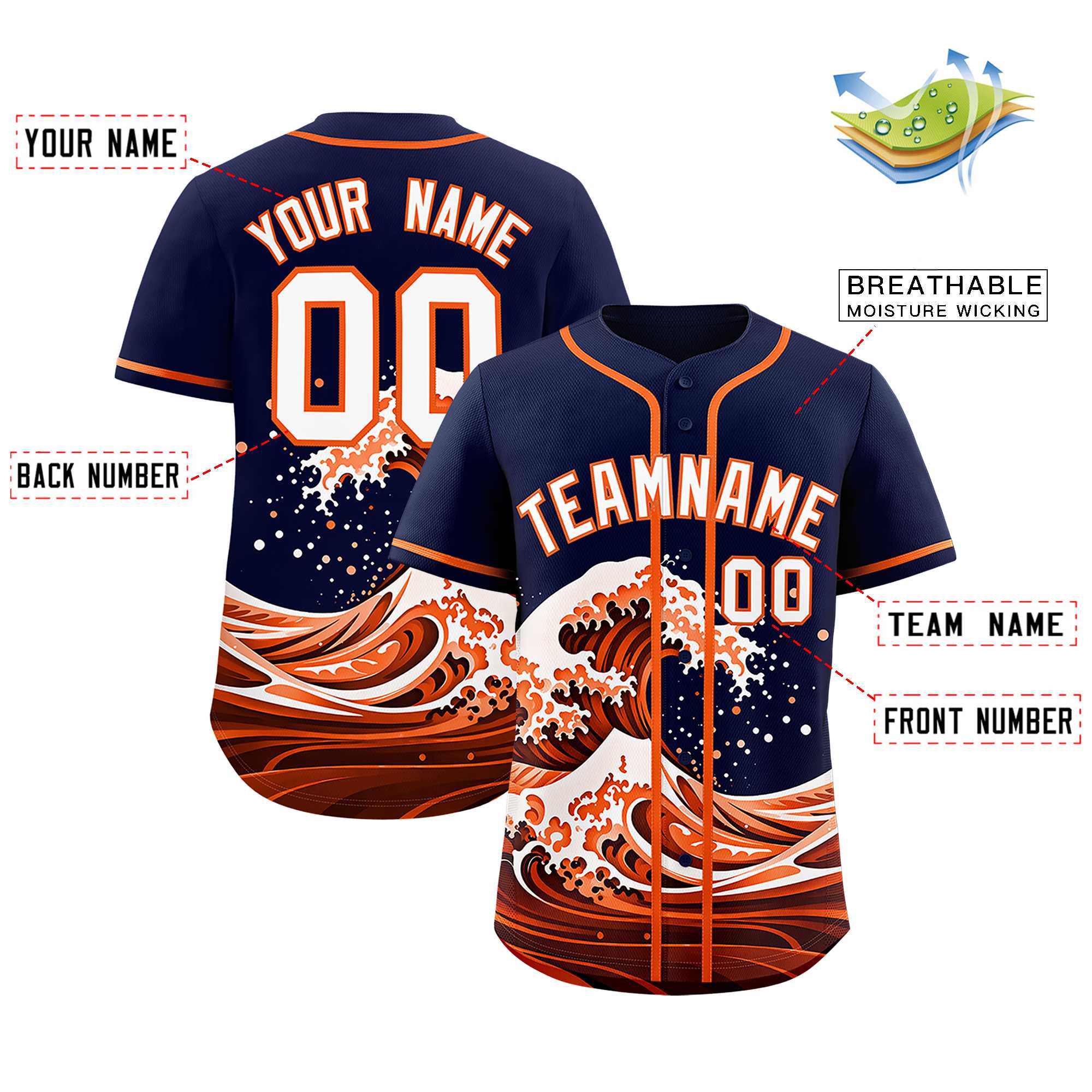 Custom Navy Wave Graffiti Pattern Authentic Baseball Jersey| KXKSHOP