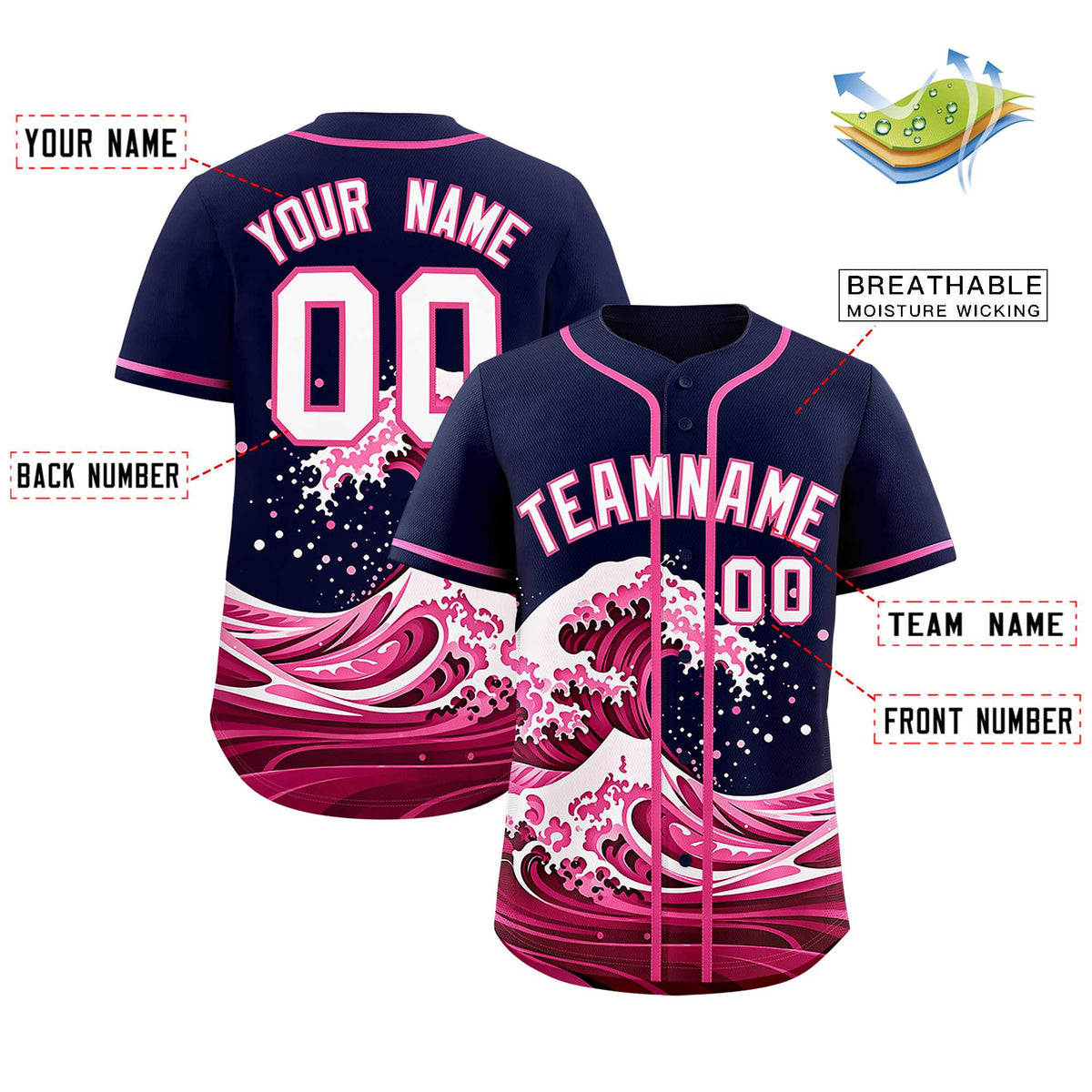 Custom Navy Wave Graffiti Pattern Authentic Baseball Jersey| KXKSHOP