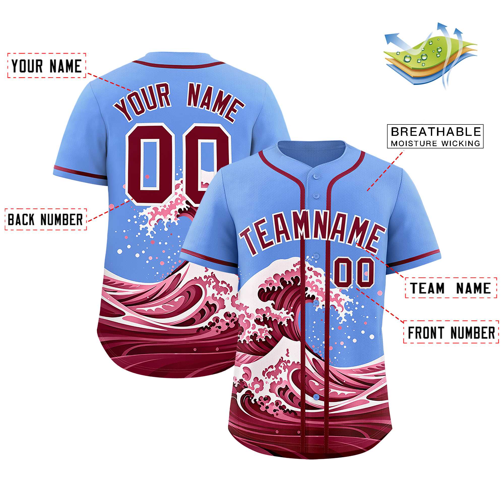 Custom Light Blue Wave Graffiti Pattern Authentic Baseball Jersey| KXKSHOP