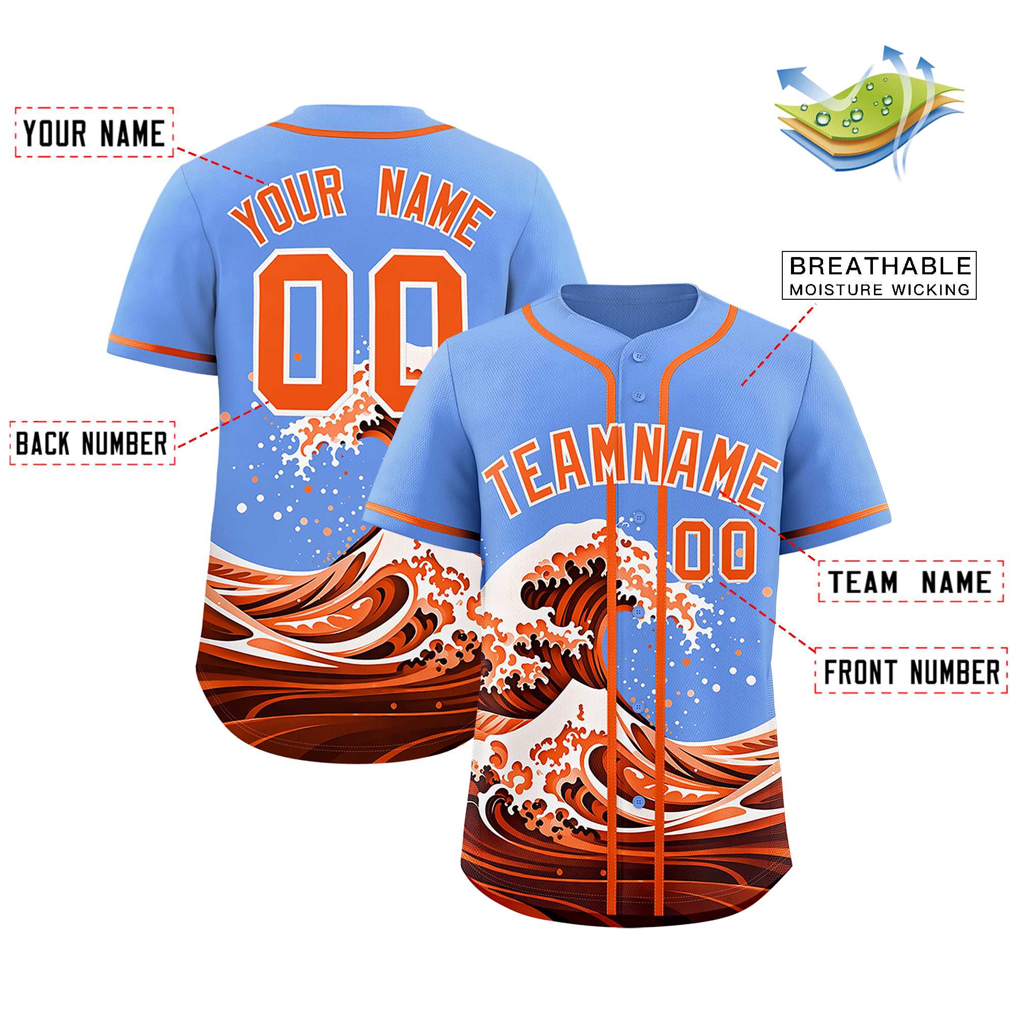 Custom Light Blue Wave Graffiti Pattern Authentic Baseball Jersey| KXKSHOP