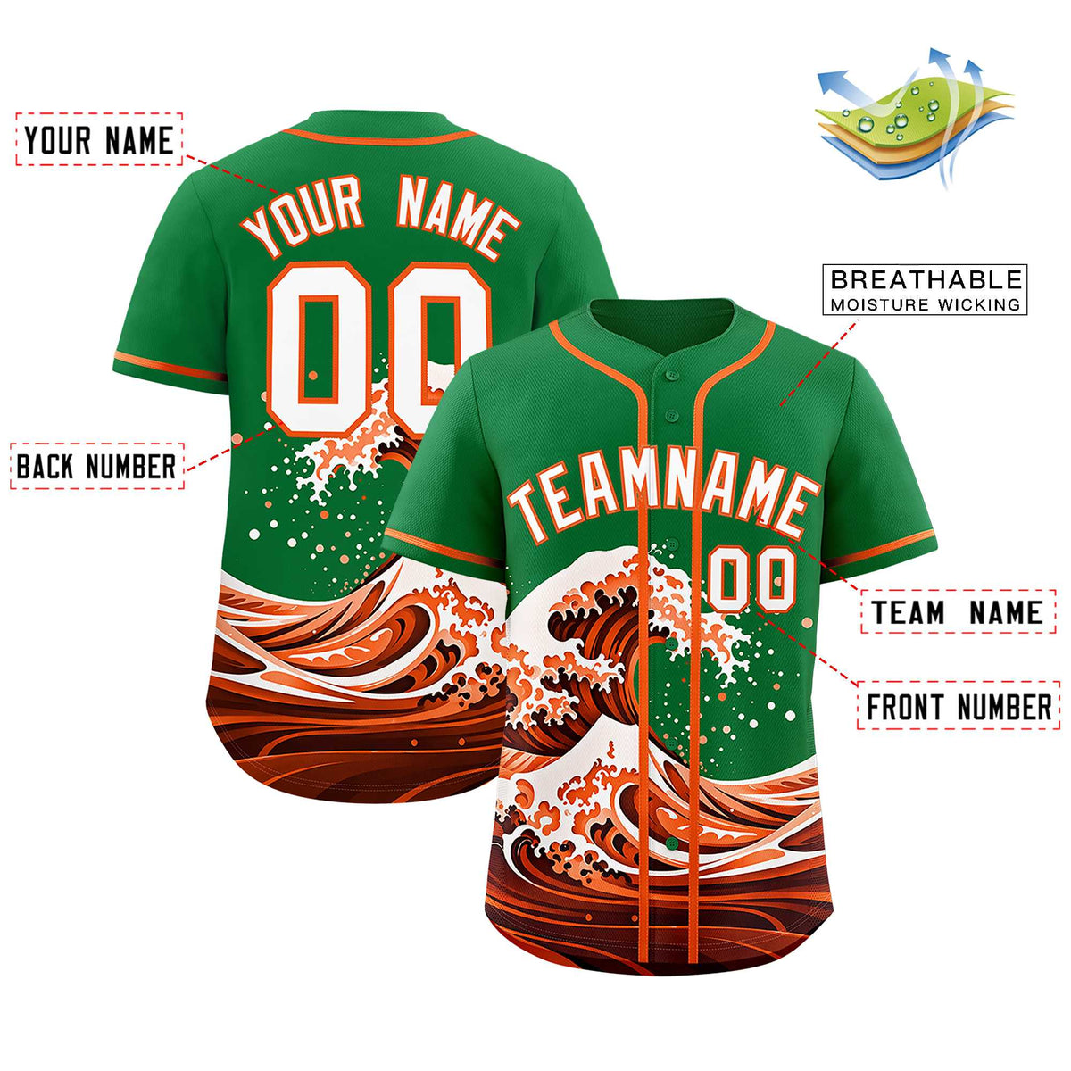 Custom Kelly Green Wave Graffiti Pattern Authentic Baseball Jersey| KXKSHOP