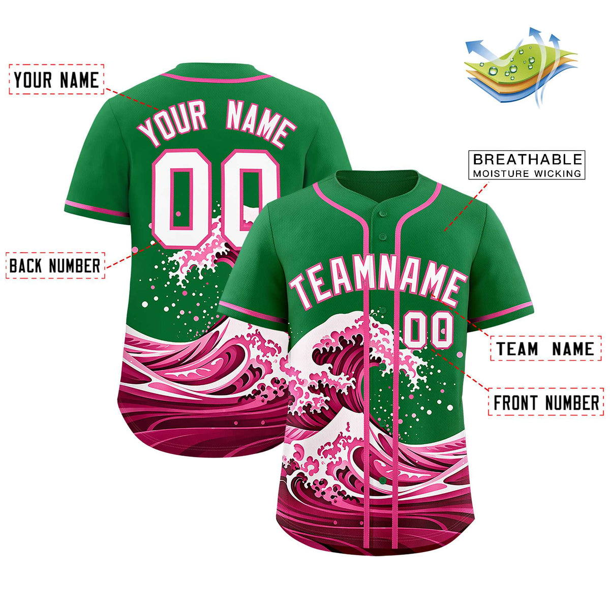 Custom Kelly Green Wave Graffiti Pattern Authentic Baseball Jersey| KXKSHOP