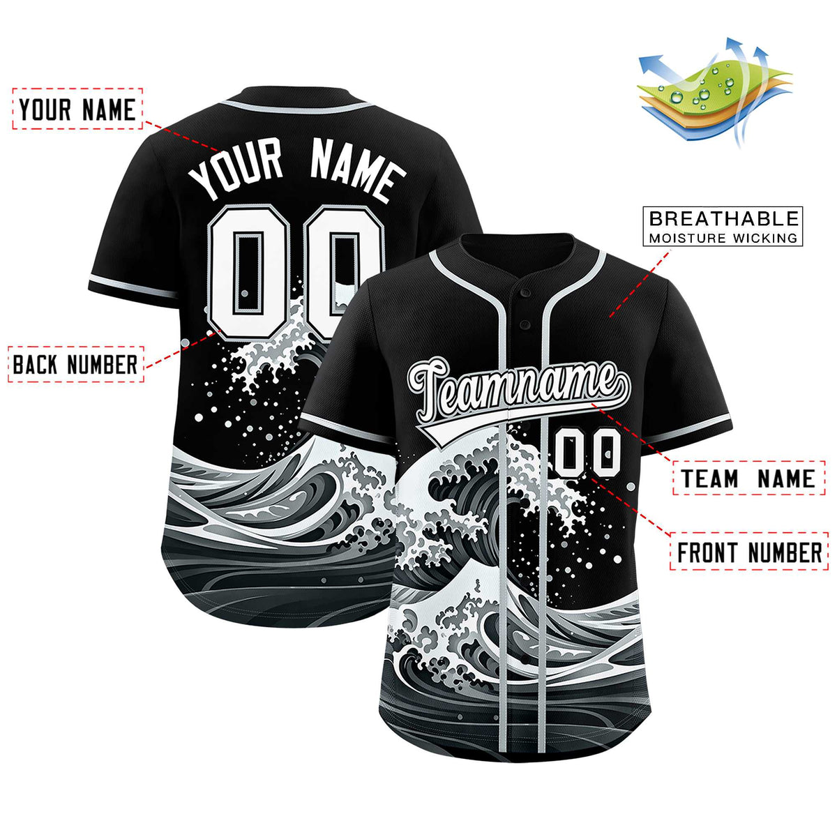 Custom Black Wave Graffiti Pattern Authentic Baseball Jersey| KXKSHOP
