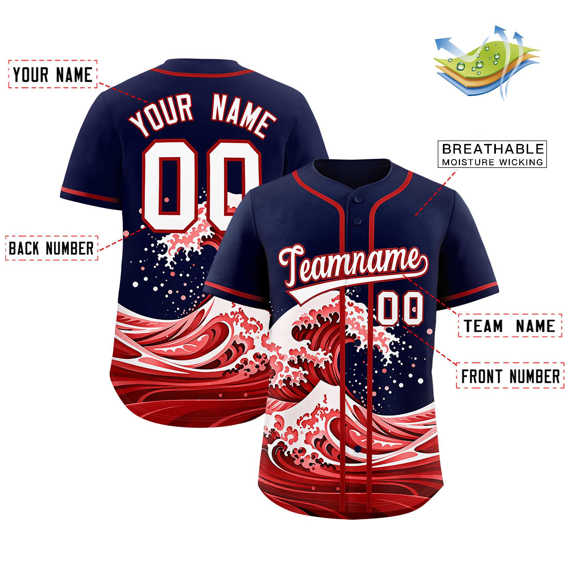 Custom Navy Wave Graffiti Pattern Authentic Baseball Jersey | KXKSHOP
