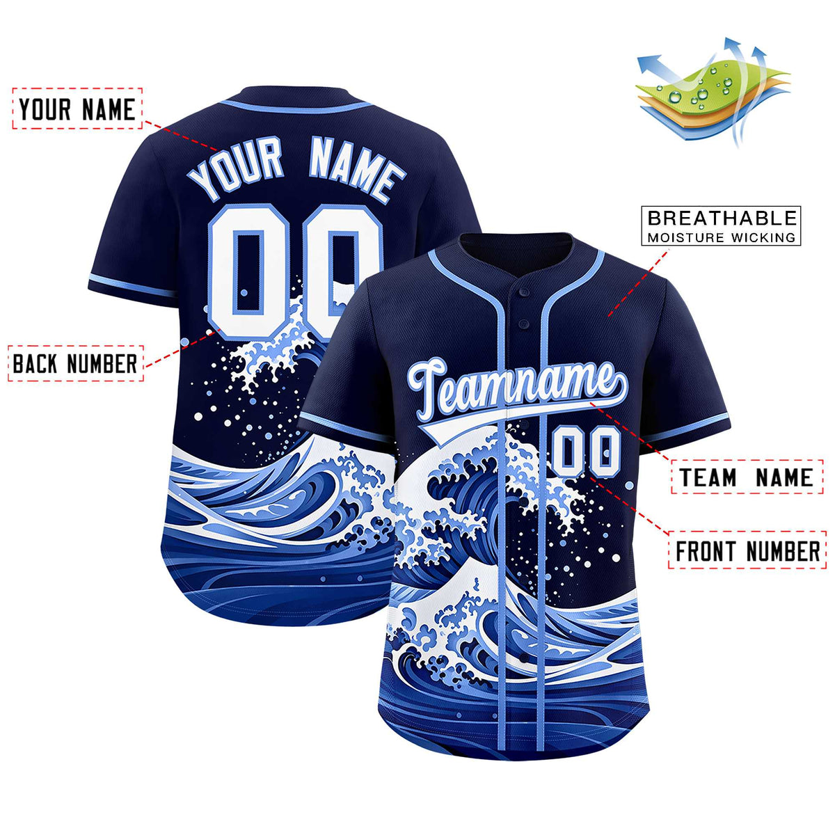 Custom Navy Wave Graffiti Pattern Authentic Baseball Jersey| KXKSHOP