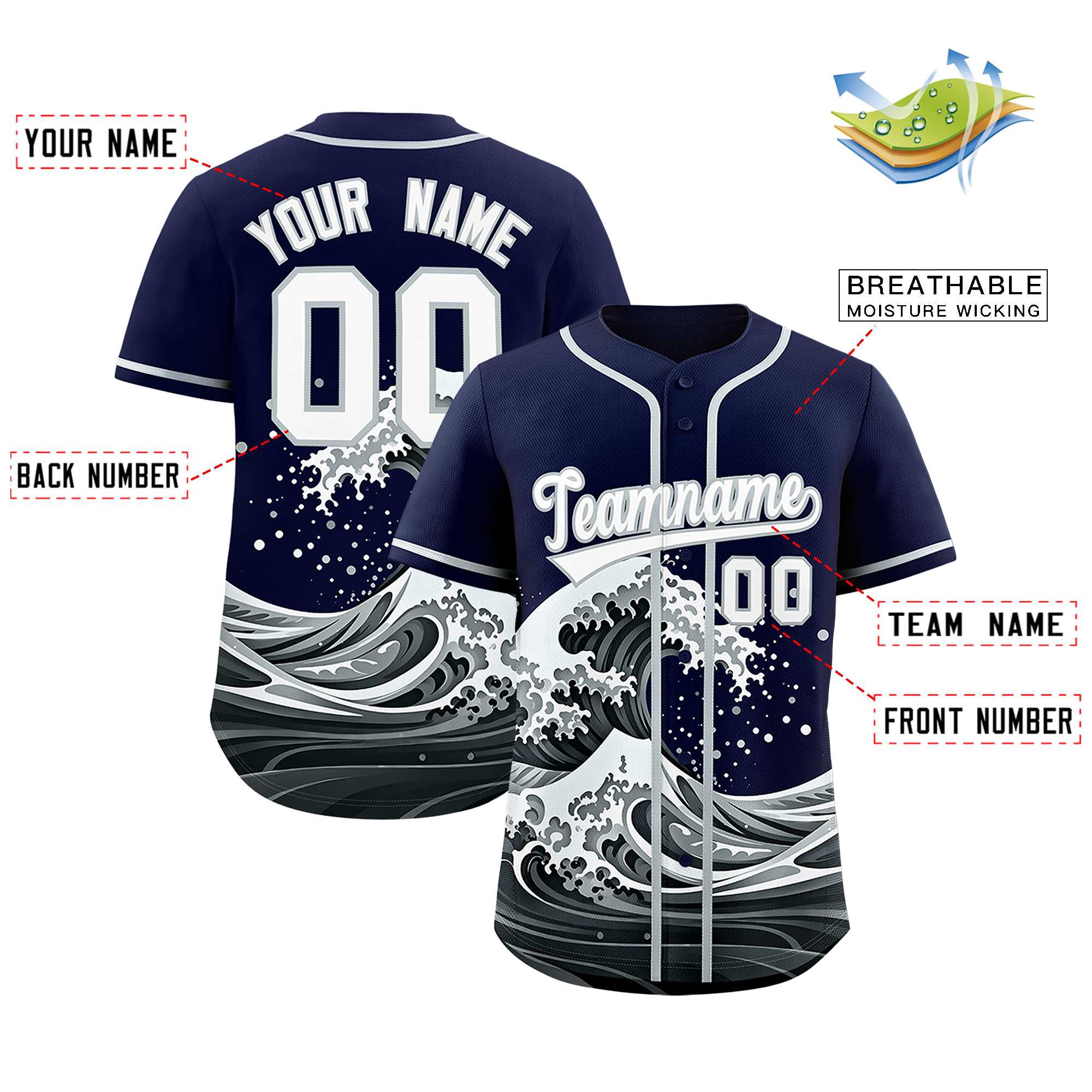 Custom Navy Wave Graffiti Pattern Authentic Baseball Jersey | KXKSHOP
