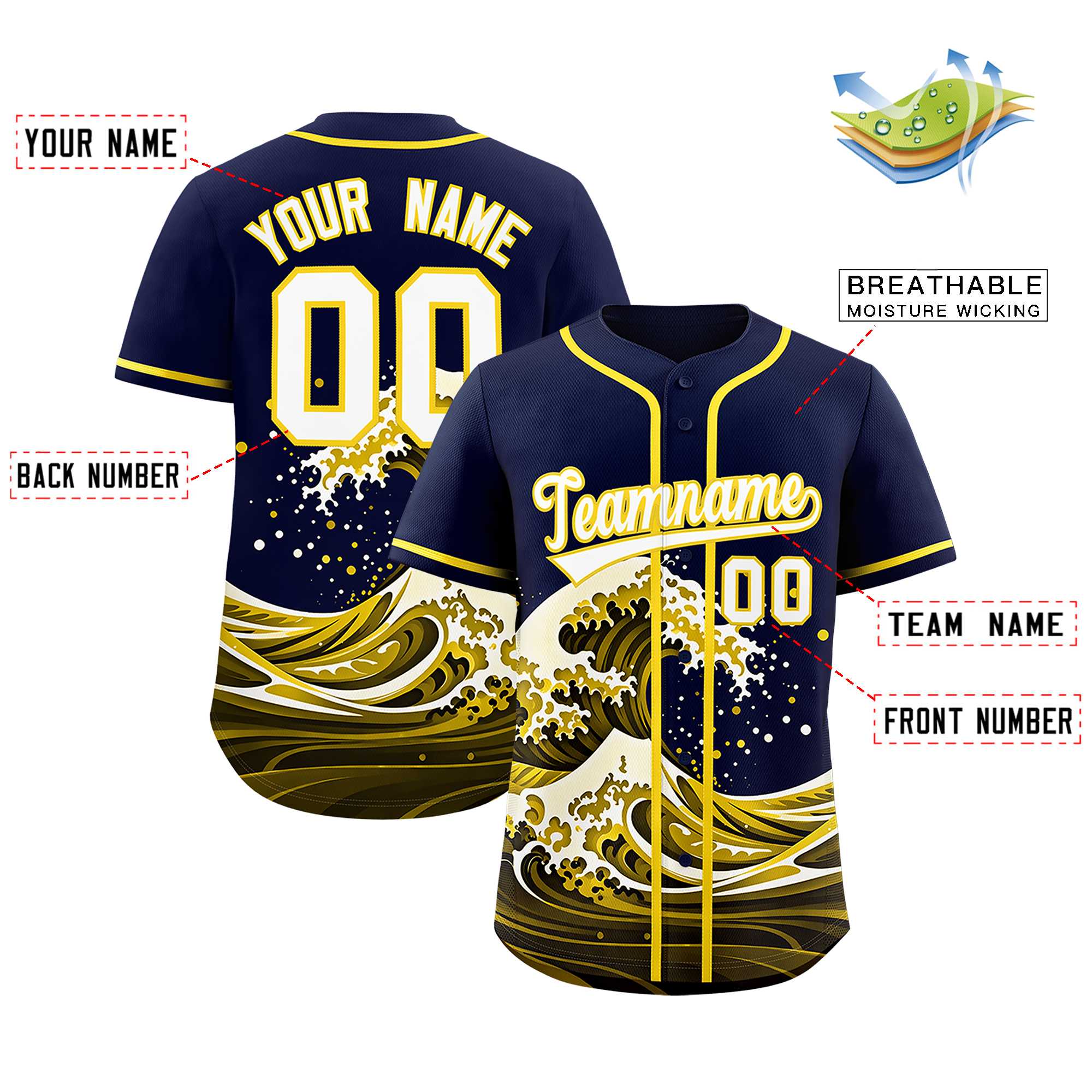 Custom Navy Wave Graffiti Pattern Authentic Baseball Jersey | KXKSHOP