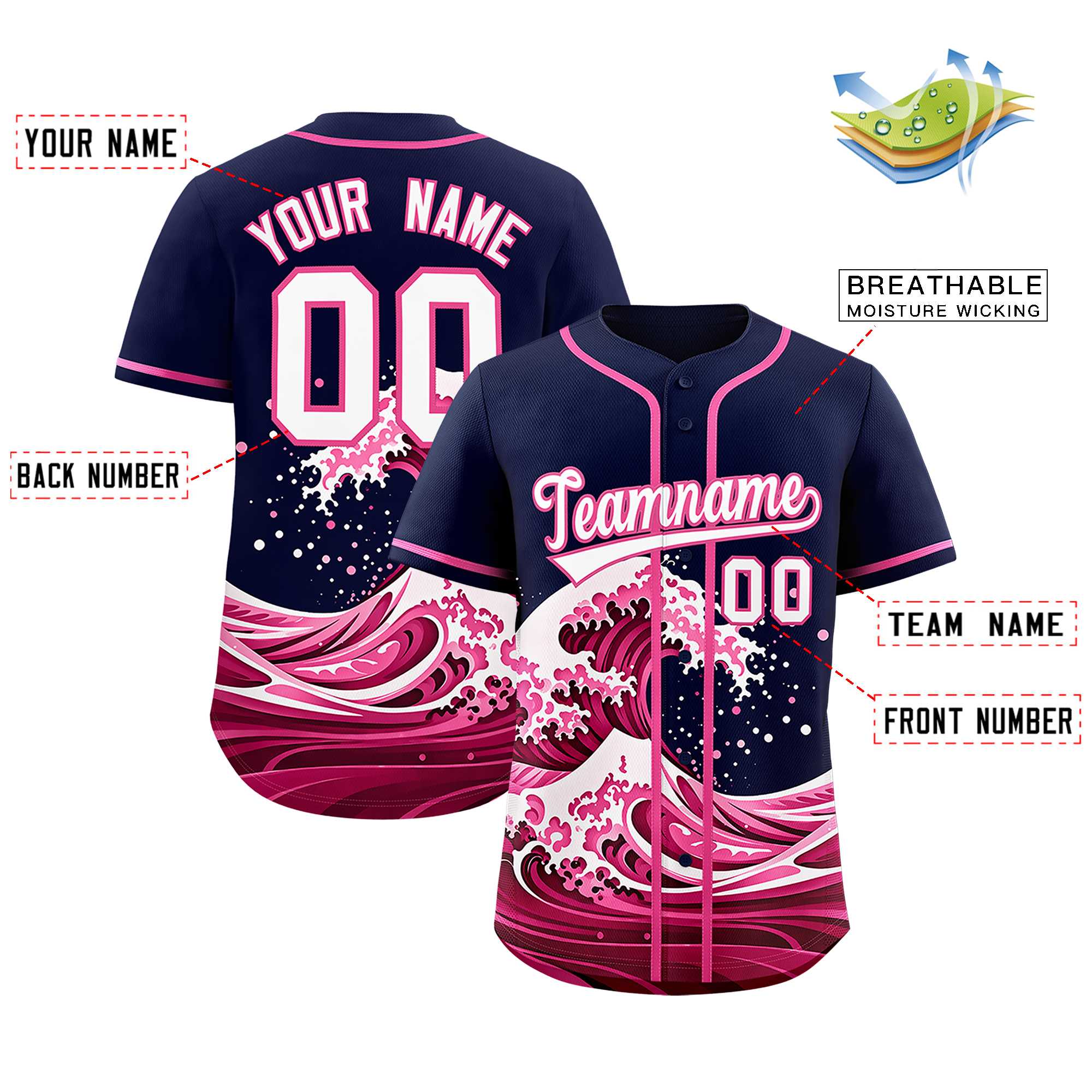 Custom Navy Wave Graffiti Pattern Authentic Baseball Jersey | KXKSHOP