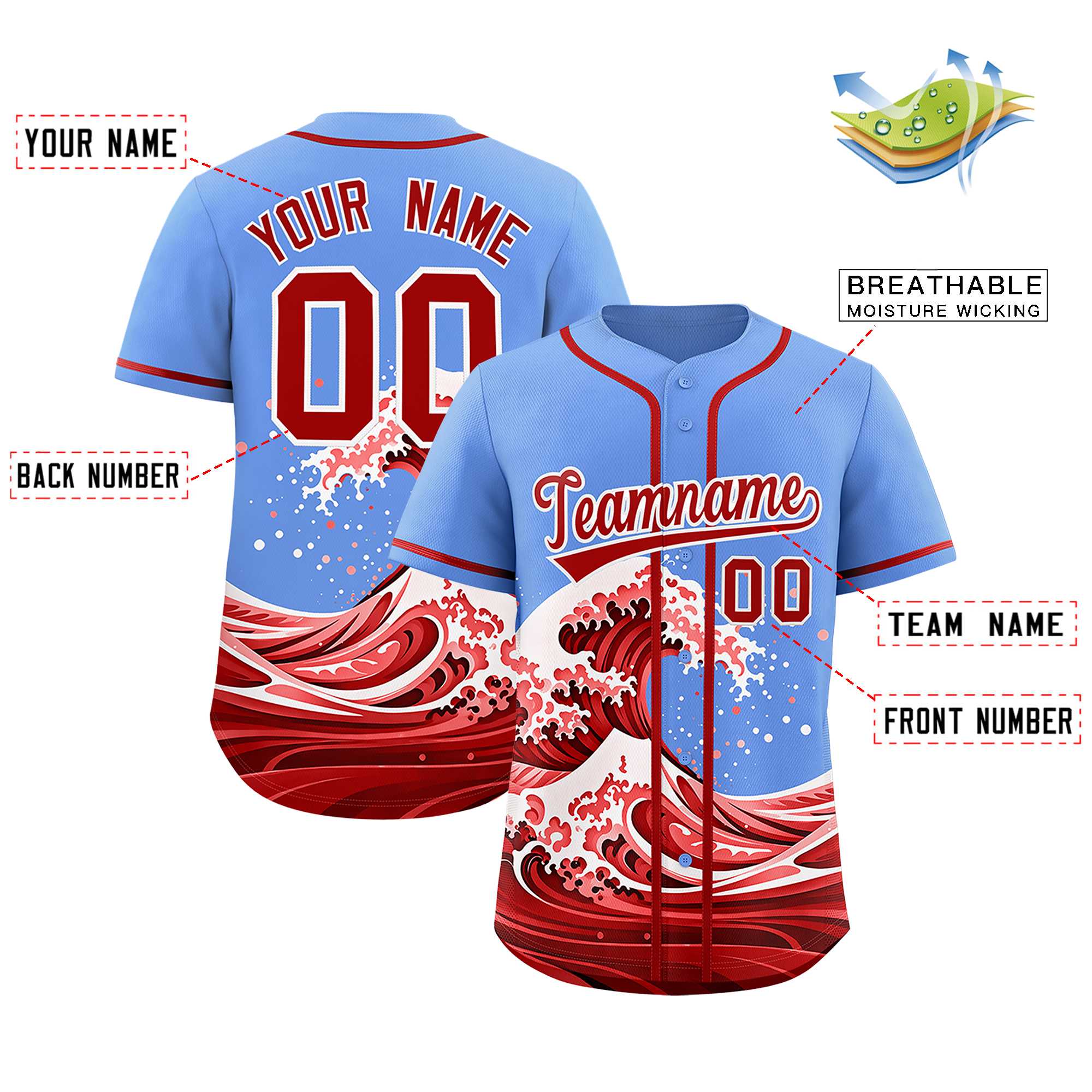 Custom Light Blue Wave Graffiti Pattern Authentic Baseball Jersey | KXKSHOP