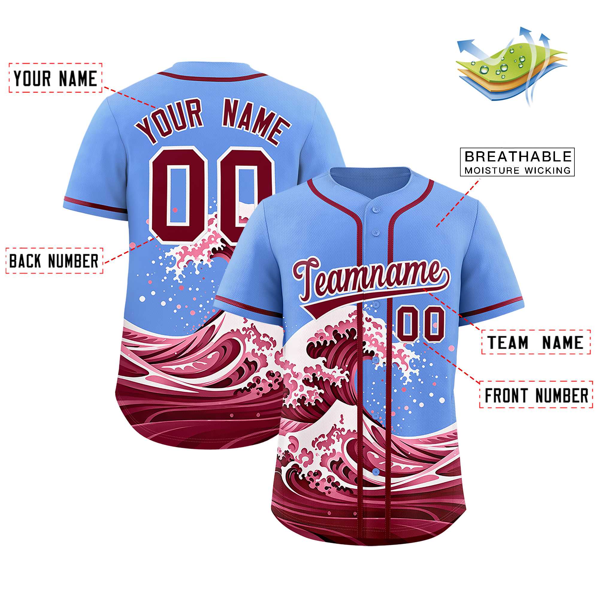 Custom Light Blue Wave Graffiti Pattern Authentic Baseball Jersey | KXKSHOP