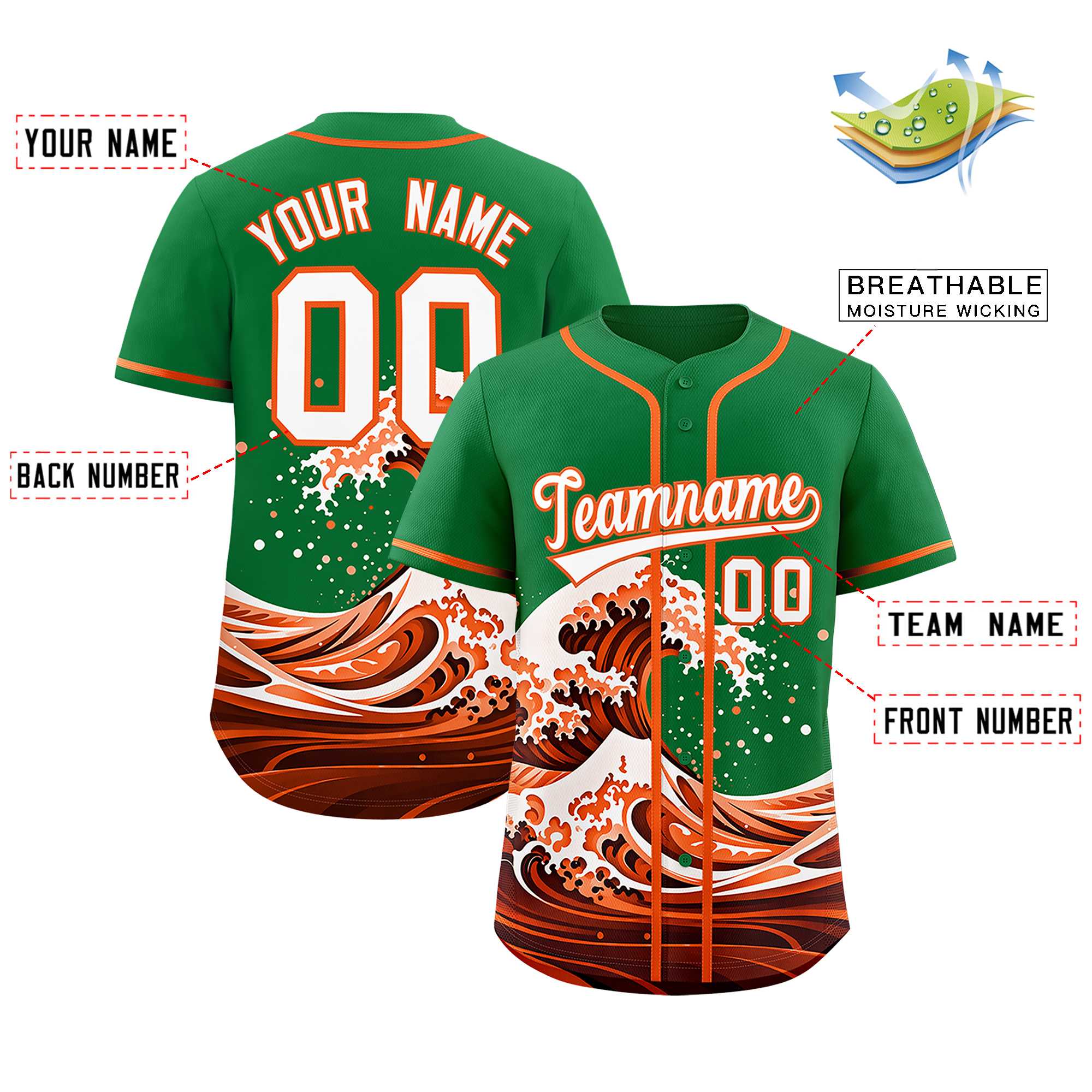 Custom Kelly Green Wave Graffiti Pattern Authentic Baseball Jersey | KXKSHOP