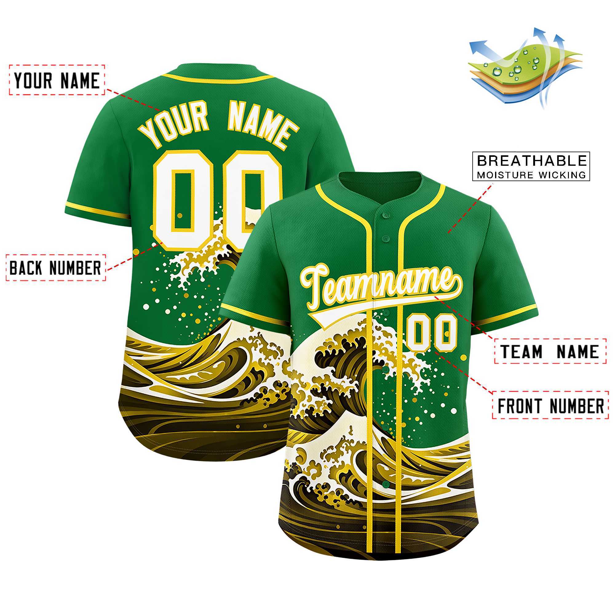 Custom Kelly Green Wave Graffiti Pattern Authentic Baseball Jersey | KXKSHOP