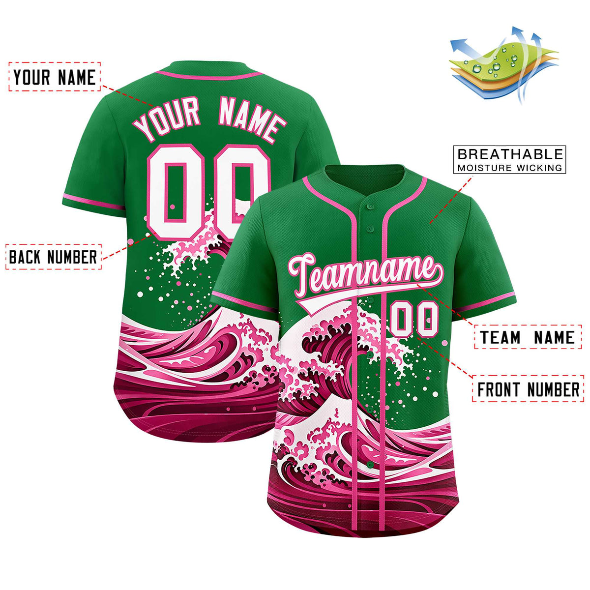 Custom Kelly Green Wave Graffiti Pattern Authentic Baseball Jersey| KXKSHOP