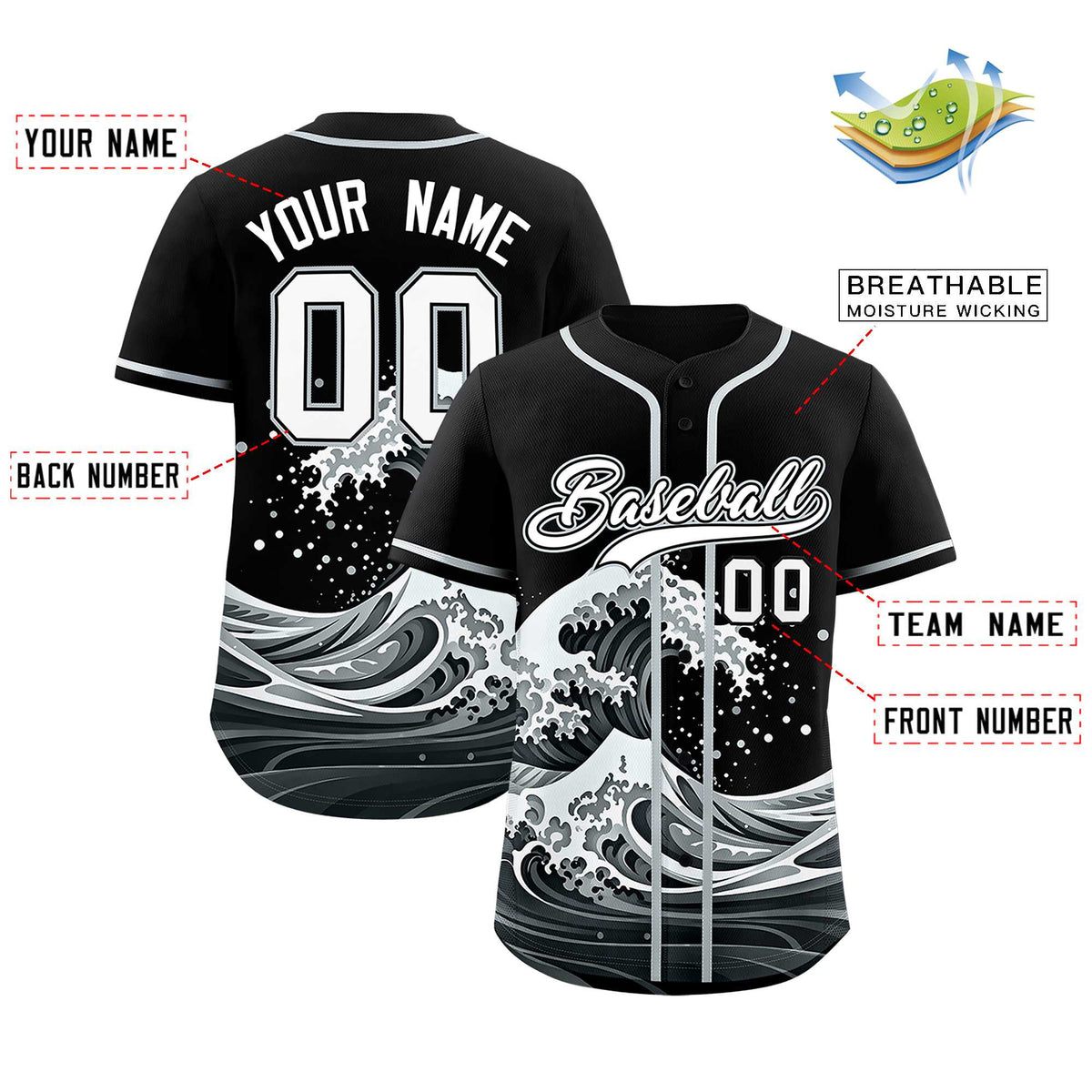 Custom Black Wave Graffiti Pattern Authentic Baseball Jersey| KXKSHOP
