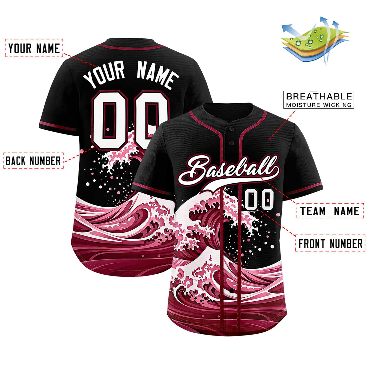 Custom Black Wave Graffiti Pattern Authentic Baseball Jersey| KXKSHOP