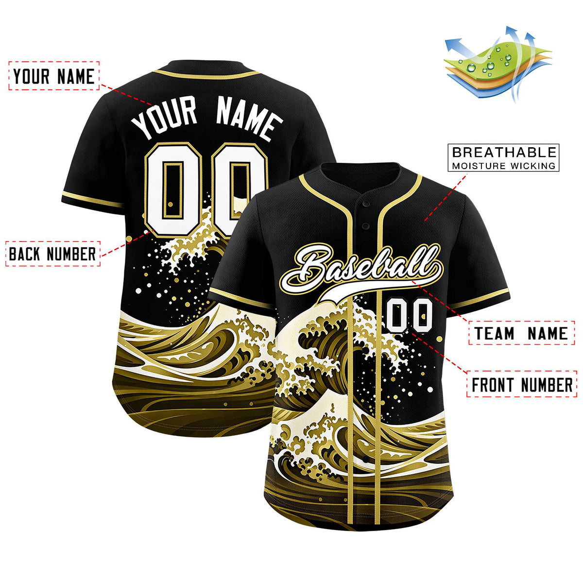 Custom Black Wave Graffiti Pattern Authentic Baseball Jersey| KXKSHOP