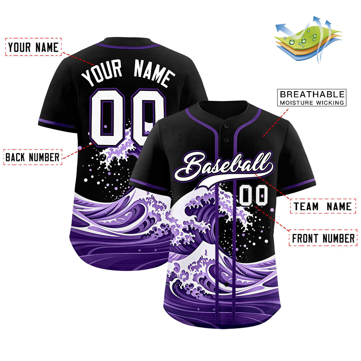 Custom Black Wave Graffiti Pattern Authentic Baseball Jersey| KXKSHOP