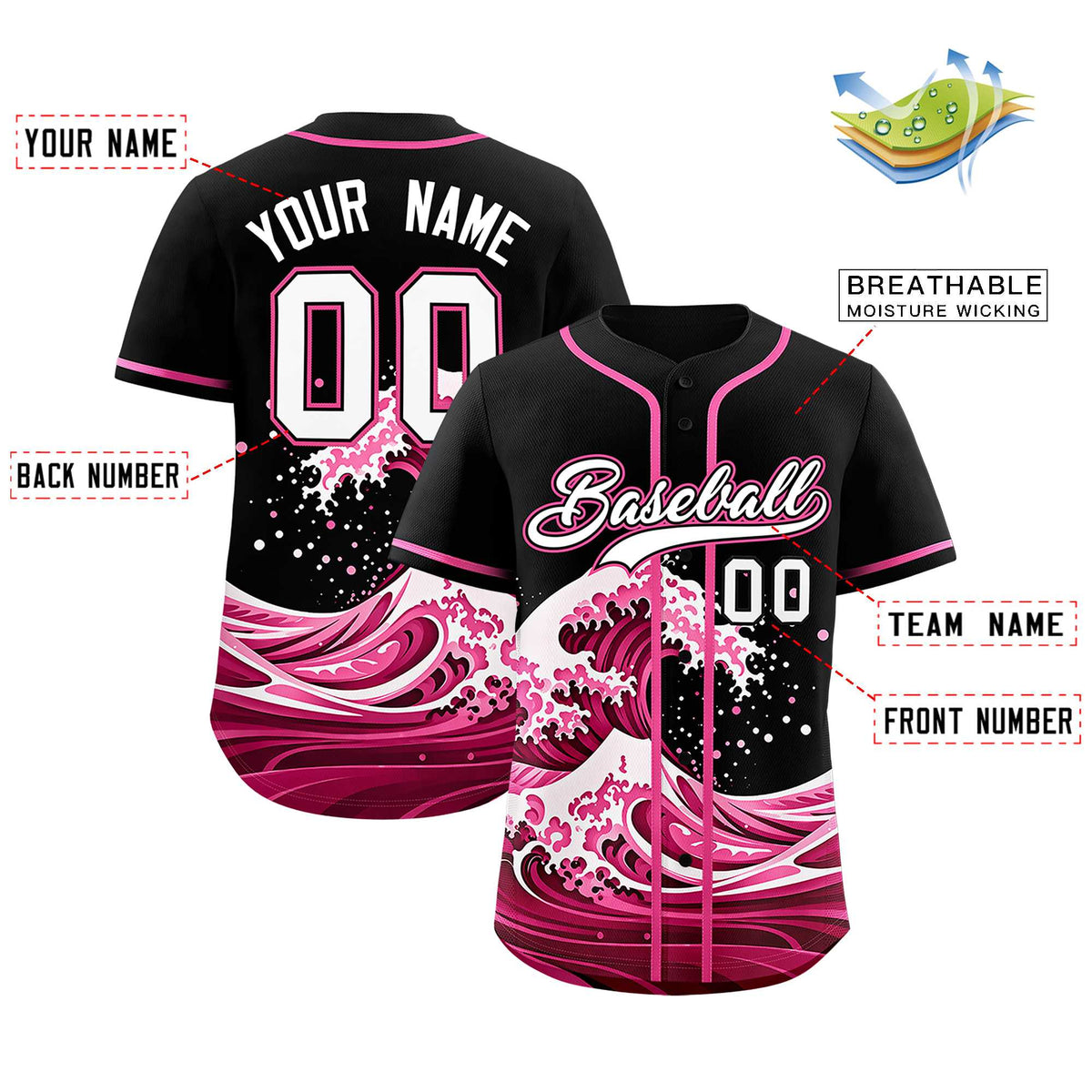 Custom Black Wave Graffiti Pattern Authentic Baseball Jersey| KXKSHOP