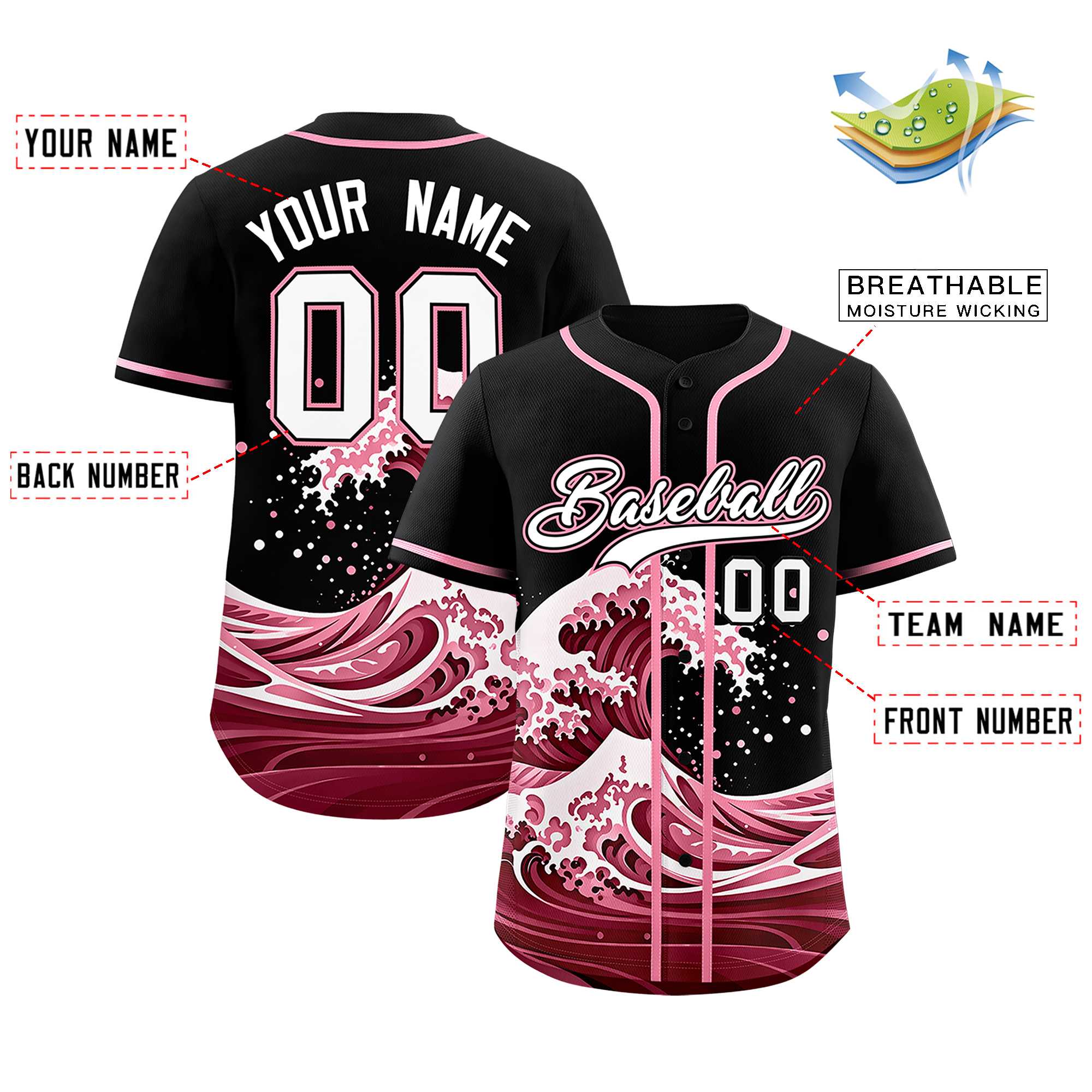 Custom Black Wave Graffiti Pattern Authentic Baseball Jersey | KXKSHOP