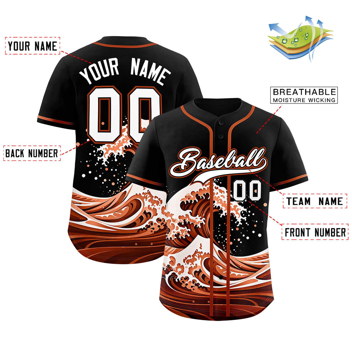 Custom Black Wave Graffiti Pattern Authentic Baseball Jersey| KXKSHOP