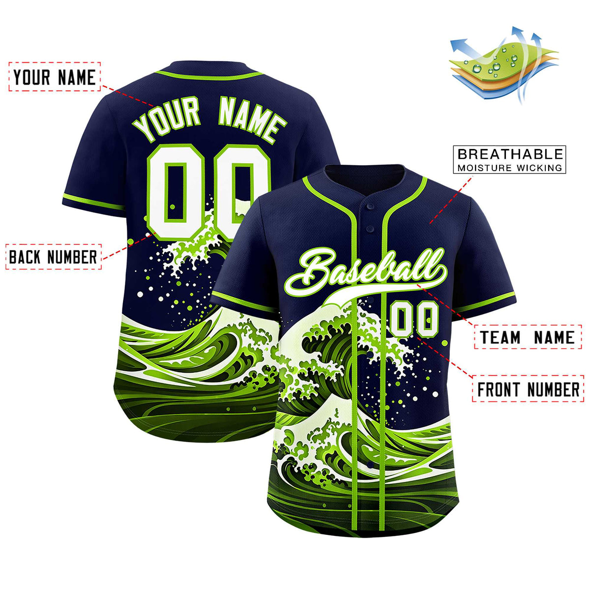 Custom Navy Wave Graffiti Pattern Authentic Baseball Jersey| KXKSHOP