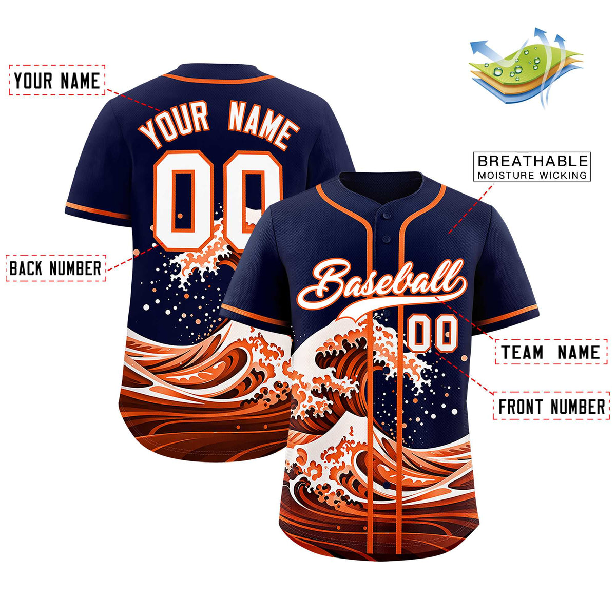 Custom Navy Wave Graffiti Pattern Authentic Baseball Jersey| KXKSHOP