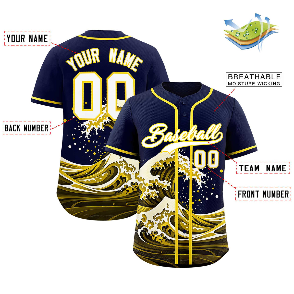 Custom Navy Wave Graffiti Pattern Authentic Baseball Jersey| KXKSHOP