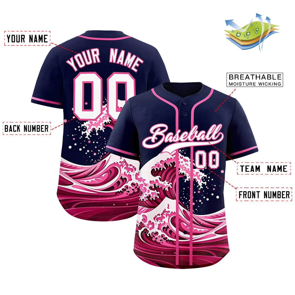 Custom Navy Wave Graffiti Pattern Authentic Baseball Jersey| KXKSHOP